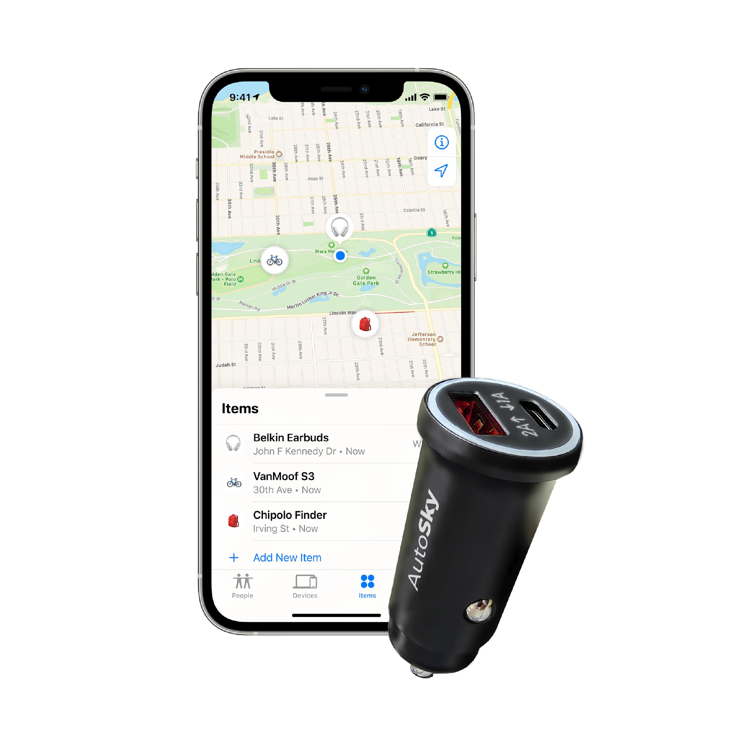  AutoSky Car Charger & GPS Tracker - Funziona con l'app "E dov'è?" - Caricabatterie doppio USB antifurto
| AutoSky Car C