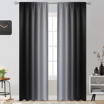 Yakamok 96 Inch Length Room Darkening Ombre Curtains for Bedroom, Rod Pocket Light Blocking Thermal Insulated Gradient Color Curtains for Living RoomBlack and Greyish White, 2 Panels,52W x 96L Inch