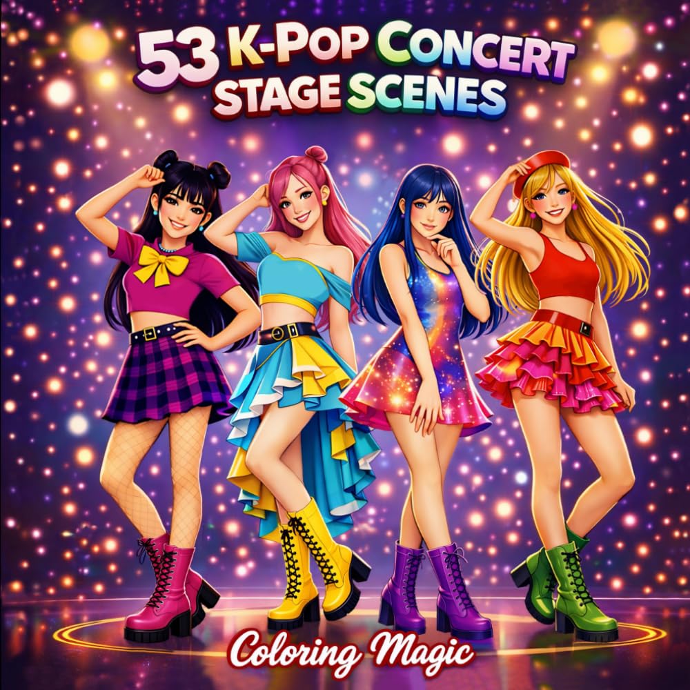 53 K-Pop Concert Stage Scenes: Coloring Book for Adults & Teens | Black Background | Korean Idols | Group Poses & Dance Performance