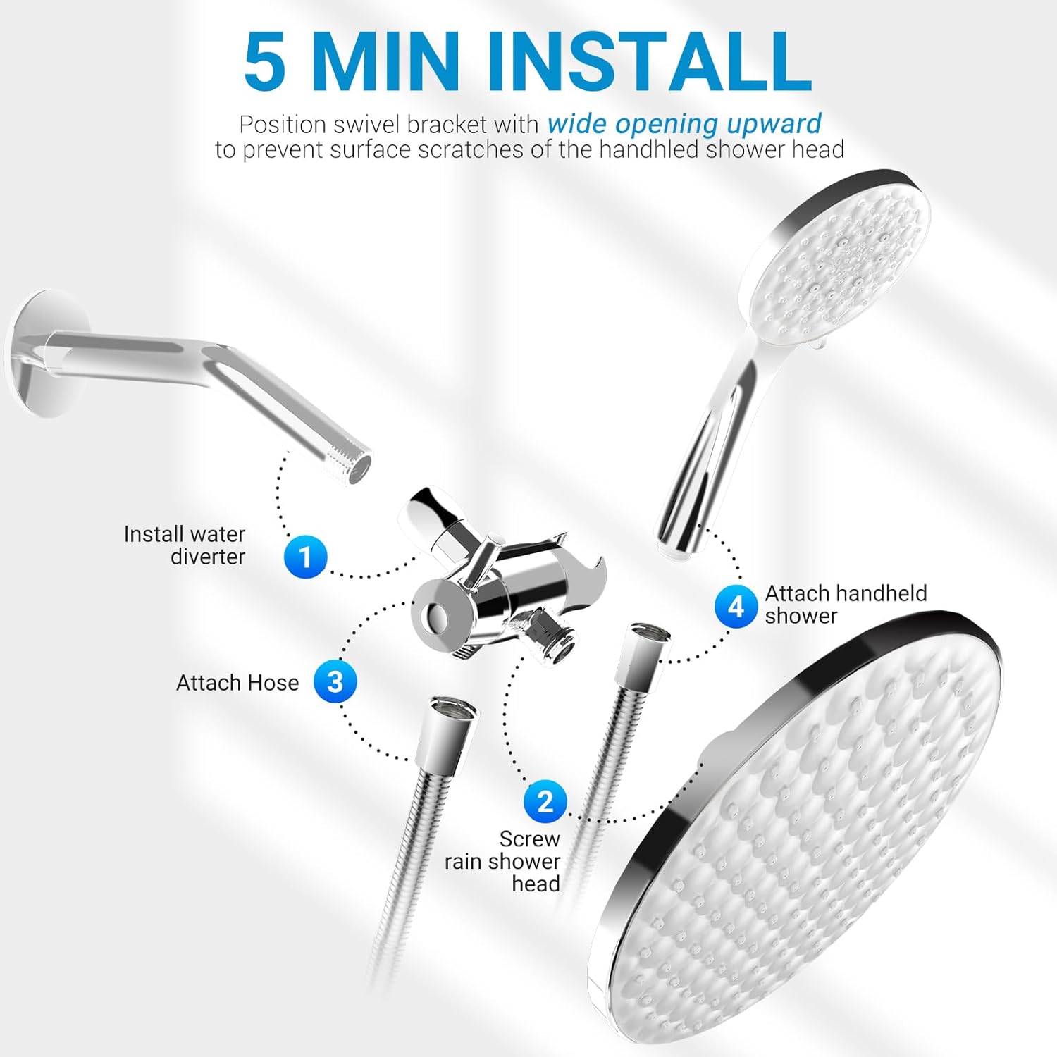 dual shower head with handheld combo,8.6 inch Rainfall showerhead,6 settings hand held shower heads with hose (Chrome)
