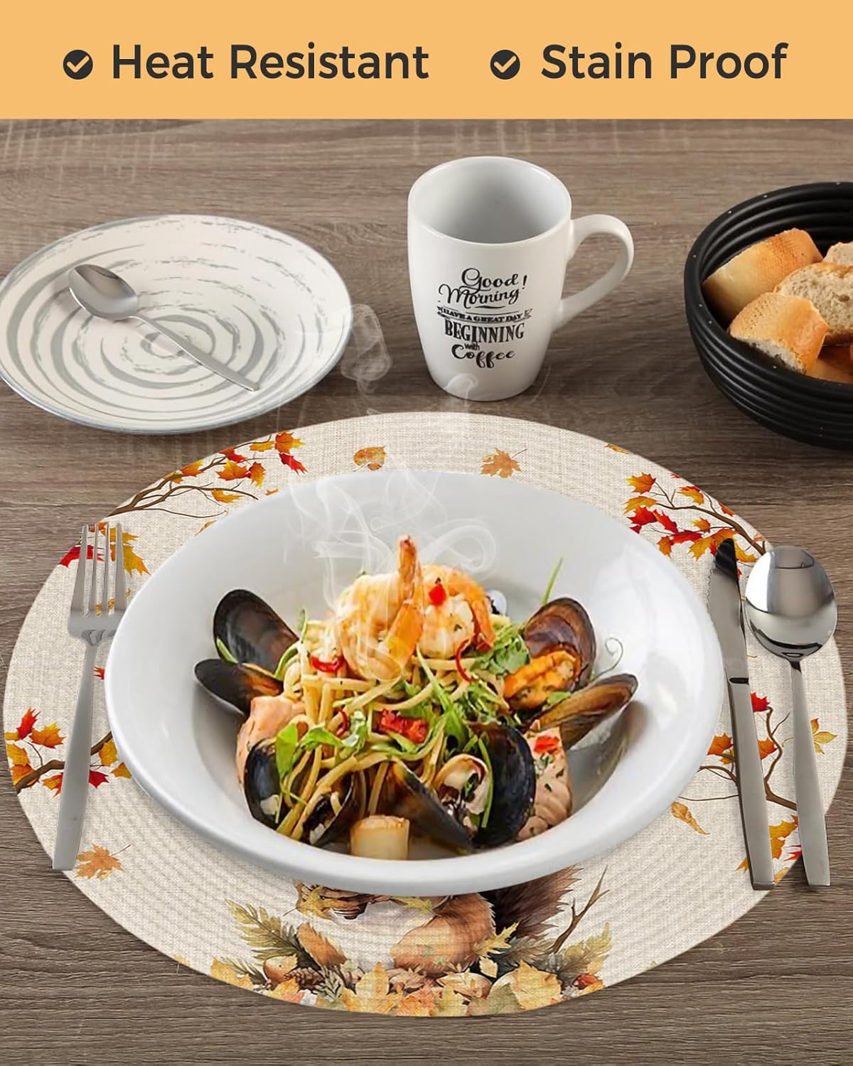 Fall Round Placemats Set of 4 Maple Leaf Tree Branch Thanksgiving Place Mats Woven Placemat Squirrel Pine Cone Circle Braided Table Mat for Kitchen Dining Table Holiday Party Decorations 15 Inch