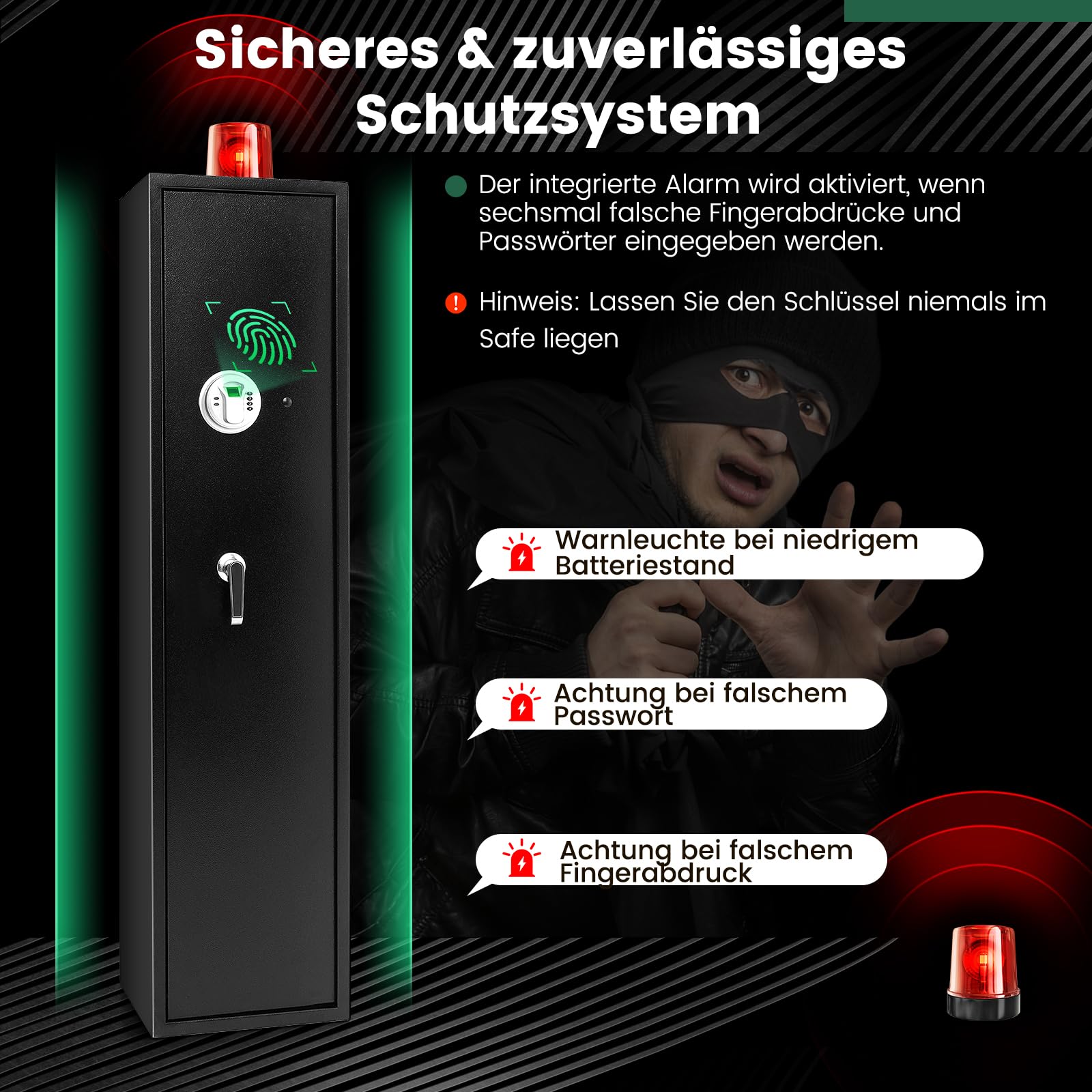 COSTWAY Waffenschrank für 5 Gewehre, Waffentresor verstellbar mit Elektronikschloss, Fingerabdruck, Munitionsschrank aus Stahl mit Pistolenfächern, Taschen, Langwaffenschrank für Pistolen, Munition