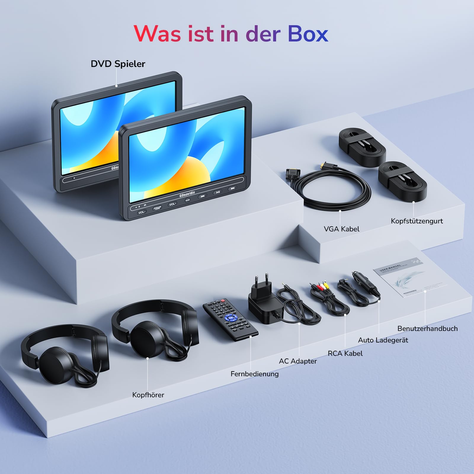 GOnavidio DVD Player Auto 2 Bildschirme 10,5" Mit 5 Stunden Akku 2 Kopfhörern Tragbarer Auto DVD Player Fernseher für Kinder TV, Unterstützt USB/SD, Regionsfrei (1 Player + 1 Monitor)