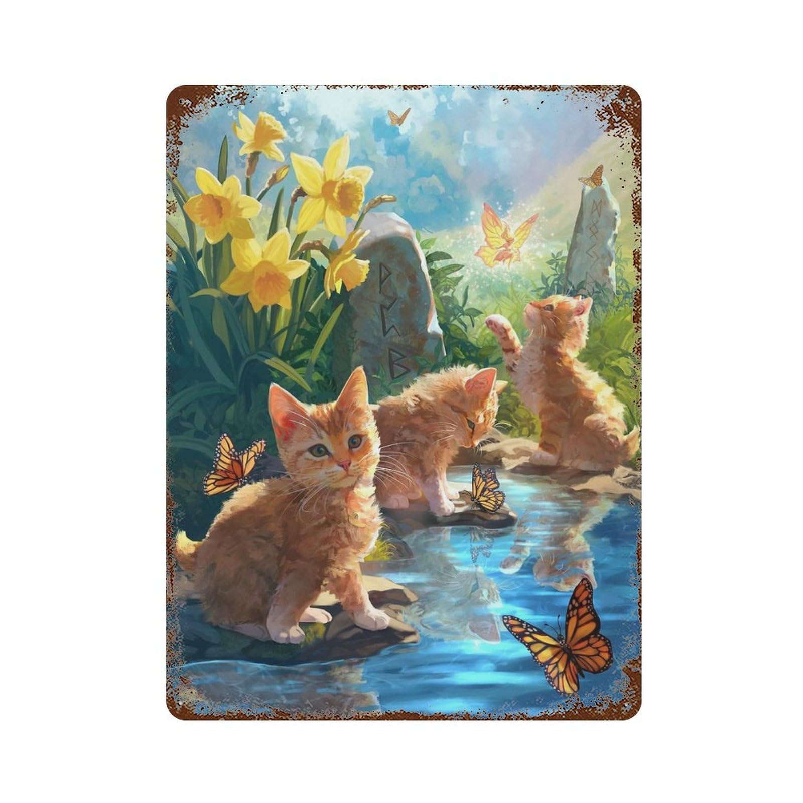 Rust Effect Kittens And Butterflies Rusty Metal Tin Sign 15.7"x11.8", Old School Wall Decor for Farmhouse, Kitchen And Entryway Decor