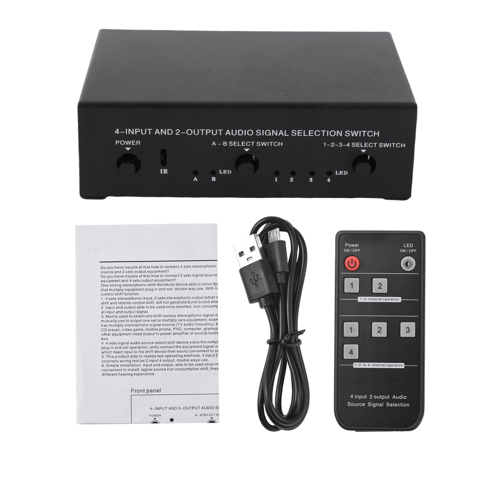 Generic Commutatore di Selezione della Sorgente 4-in-2-out Interfaccia Plug and Play per TV Lettore CD MP3, Connessione Placcata in Oro, Telecomando per Un'esperienza di Ascolto Senza Interruzioni