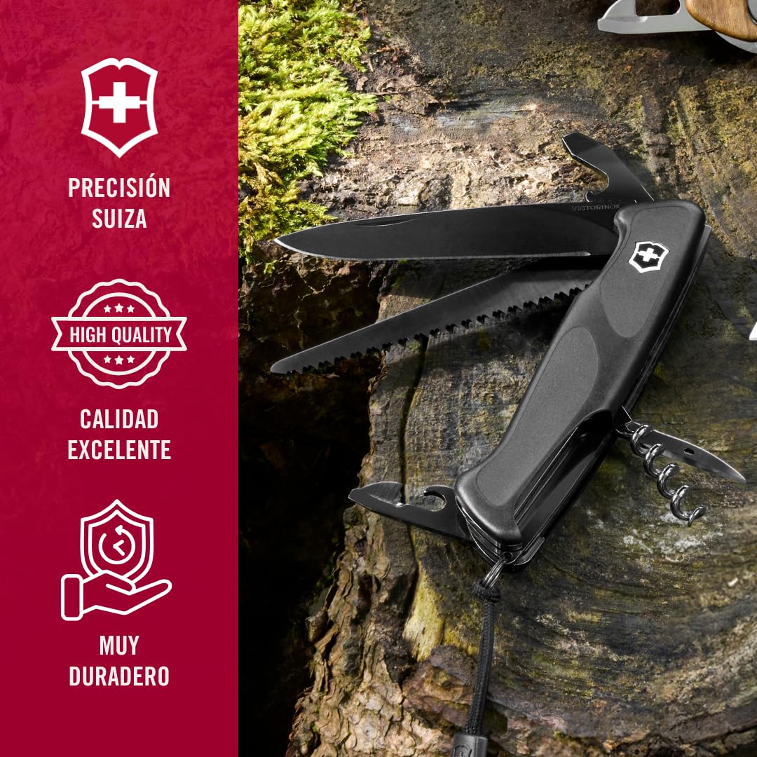 Victorinox Ranger Grip 55 Onyx Black, Navaja de 130 mm con 12 funciones, incluyendo hoja con bloqueo y sierra para madera, de color negro