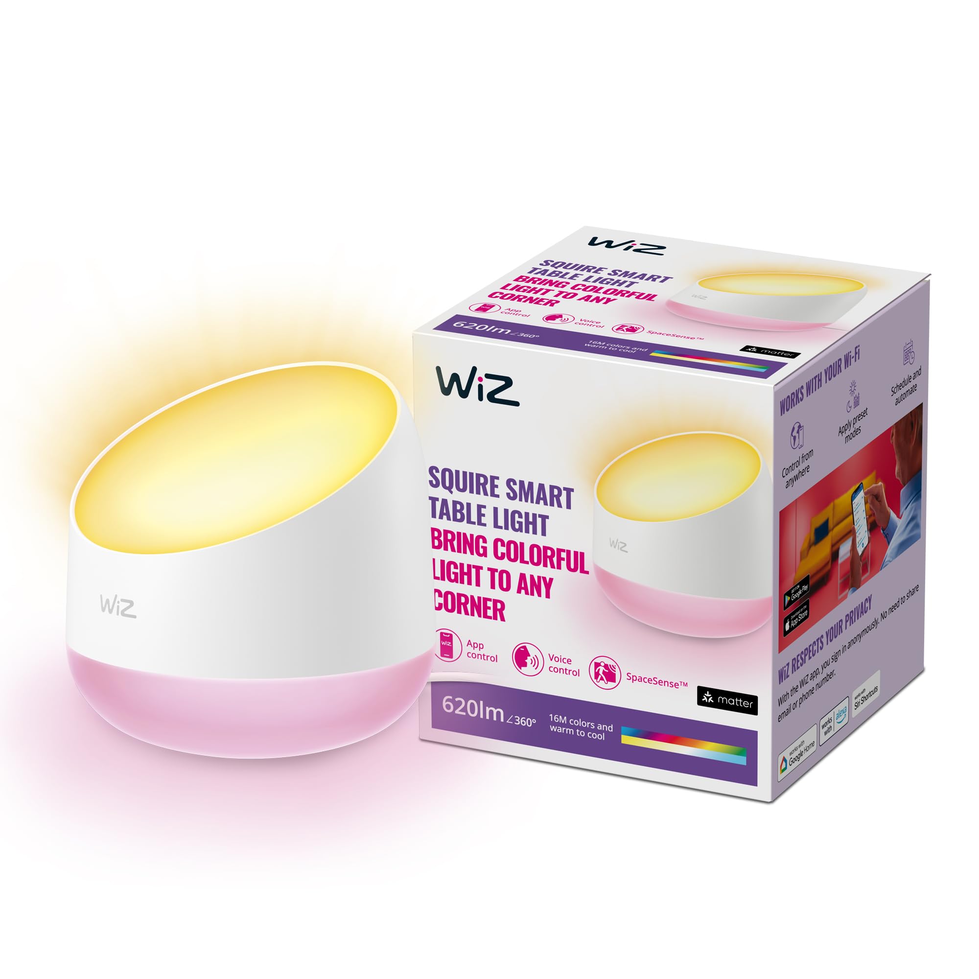 WiZ - Lámpara inteligente Squire, Lámpara Portátil LED Inteligente, Luz Blanca y de Colores, con tecnología SpaceSense y compatible con Alexa y Google Home, Color Blanco
