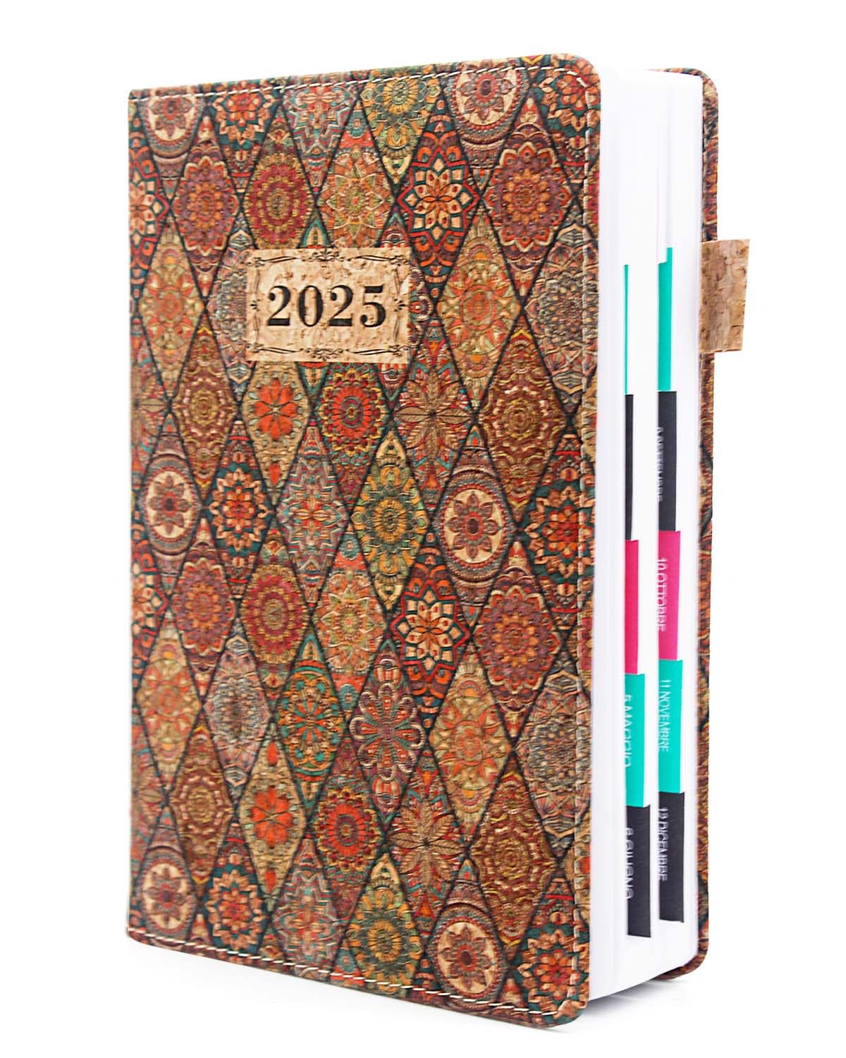 HW CASA Agenda 2025 Stampata in Stile Bohémien con Copertina Rigida,Formato A5,200 Pagine,Pelle Vegana con Venature del Legno Simulata,Etichette Mensili Colorate,Con Passante per Penna,Quadrilatero
