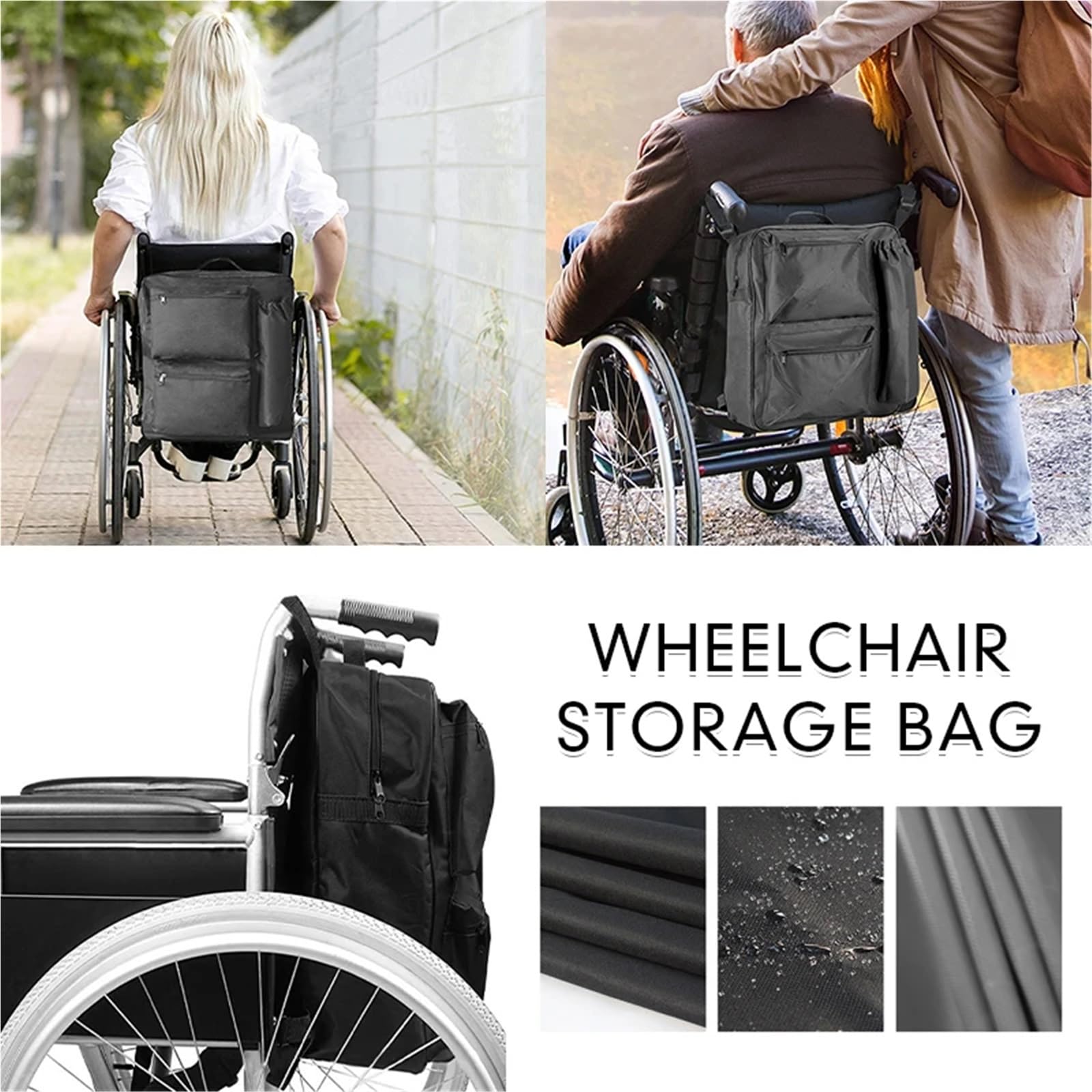 Bolsa trasera for silla de ruedas, gran capacidad, impermeable, tela Oxford negra, for almacenamiento ayuda for discapacitados, mochila for scooter movilidad Mochila para Silla de Ruedas