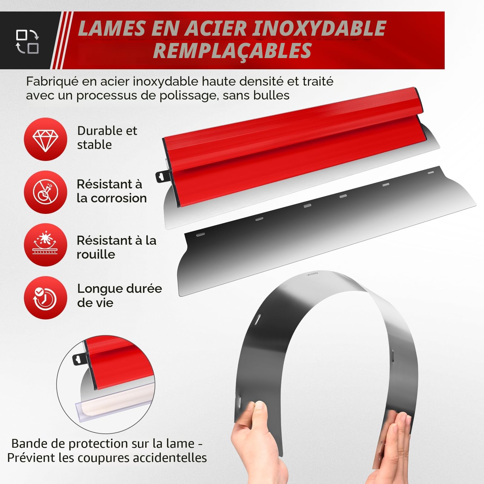 Kit de spatules de surface - Lames de mastic 15 cm, 25 cm, 40 cm, 60 cm et 80 cm + manche d'extension de 85 cm à 130 cm, couteau de construction en acier inoxydable