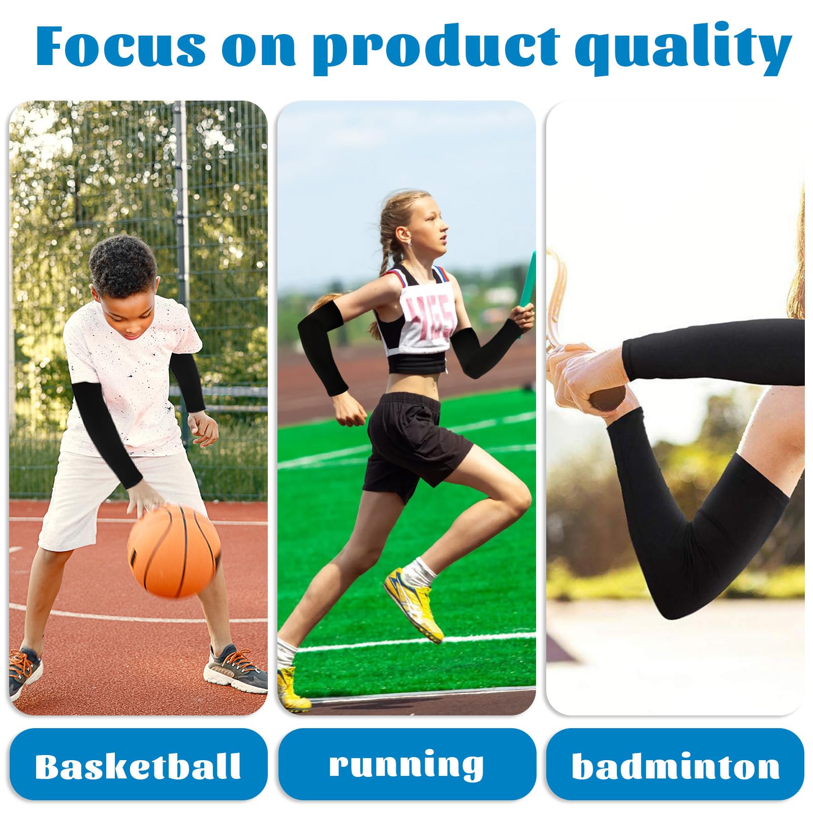 Lot de 3 paires de manchons de sport pour enfants, respirants, pour l'été, anti-UV, protège-bras de jeu, pour garçons et filles, protège-bras de basket-ball