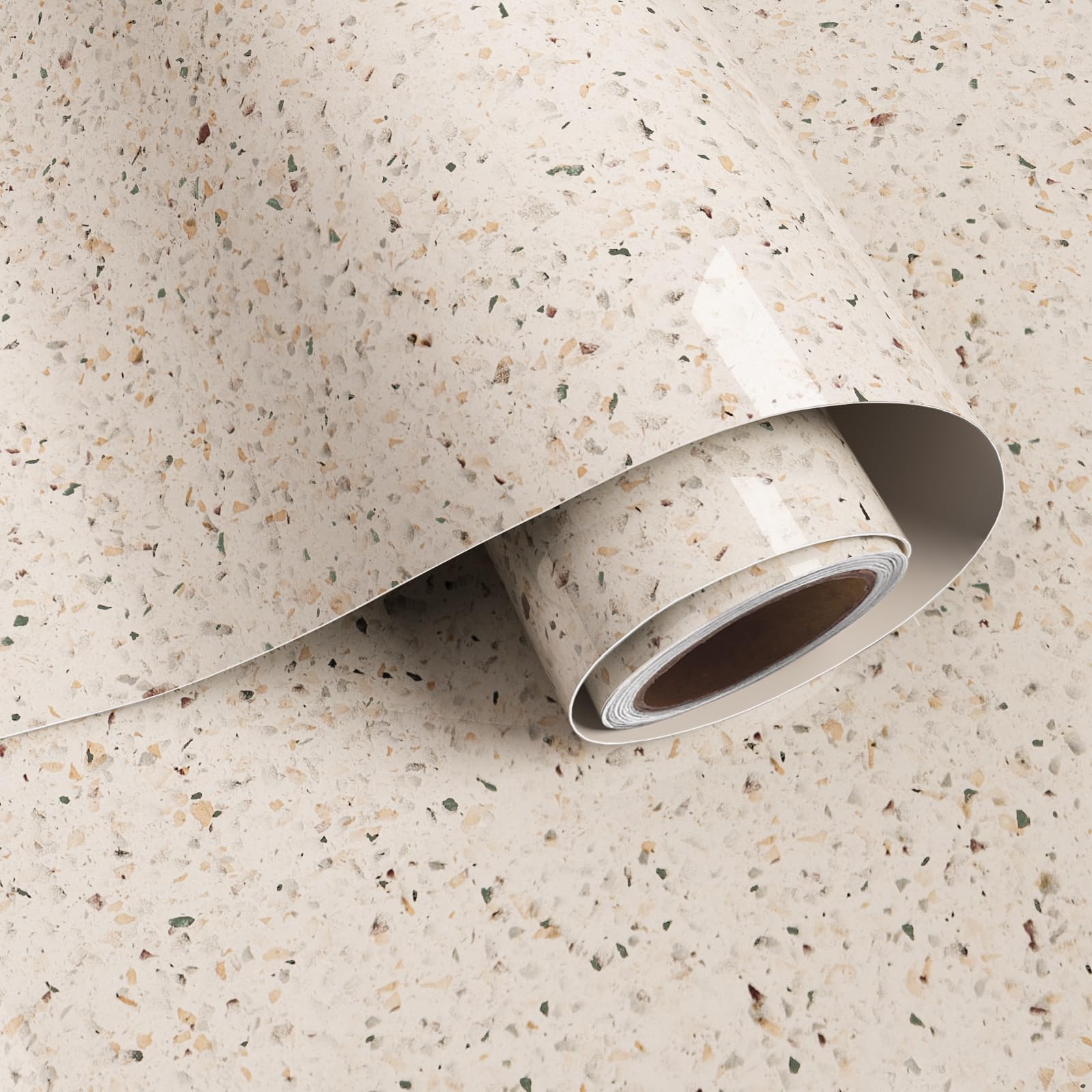 VaryPaper Glossy Beige Granite Wallpaper 40cmx800cm Terrazzo Contact Paper Self Adhesive Sticky Back Plastic Kitchen Vinyl Wrap for Worktop Cupboards Adhesive Shelf Liner Bathroom Waterproof Wallpaper