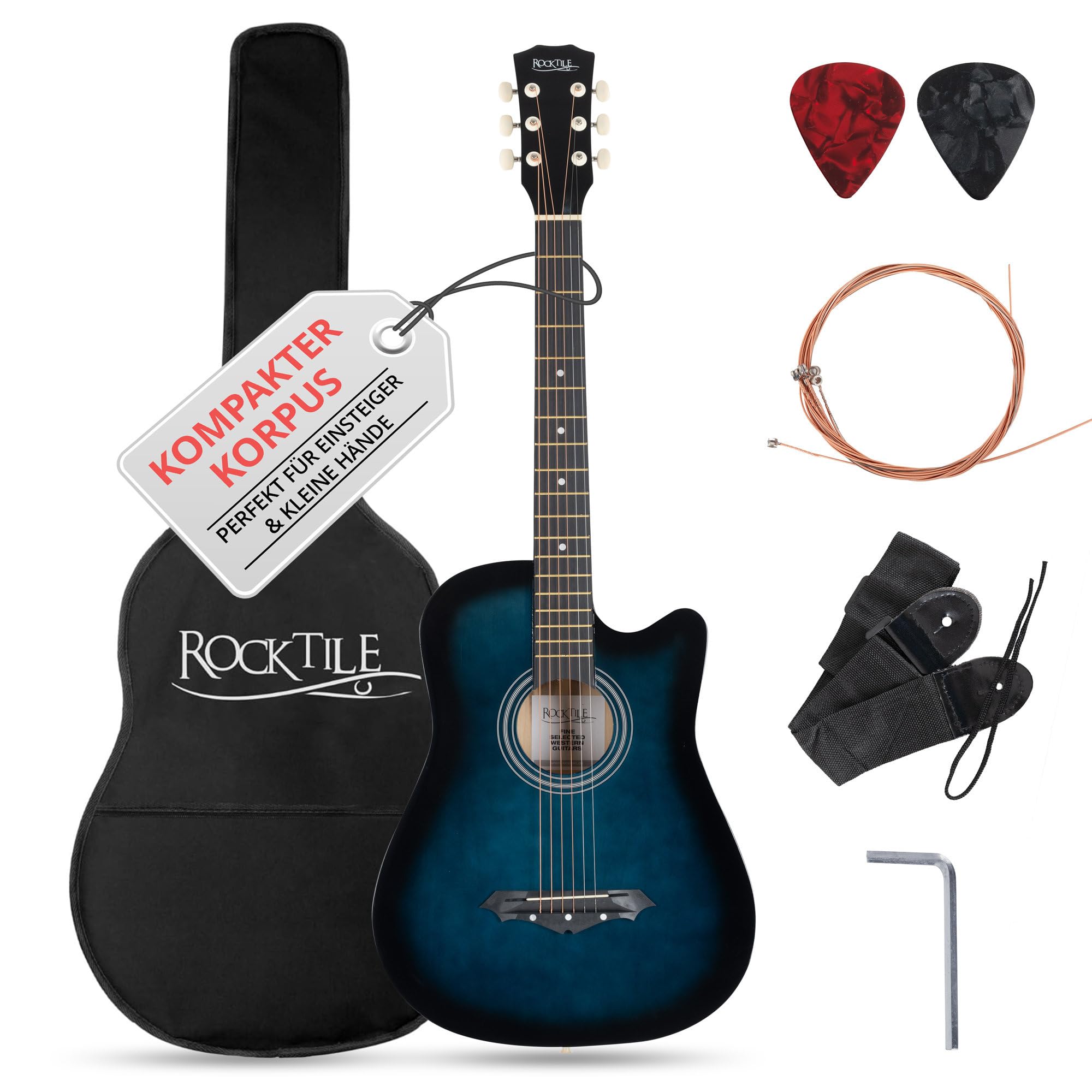 Rocktile WSD-5C-BUB Slim Line Set de Guitares Western - Guitare Acoustique Dreadnought - Corps en Tilleul - Manche : Catalpa - Set incluant housse, cordes de rechange, sangle et médiators - Blueburst