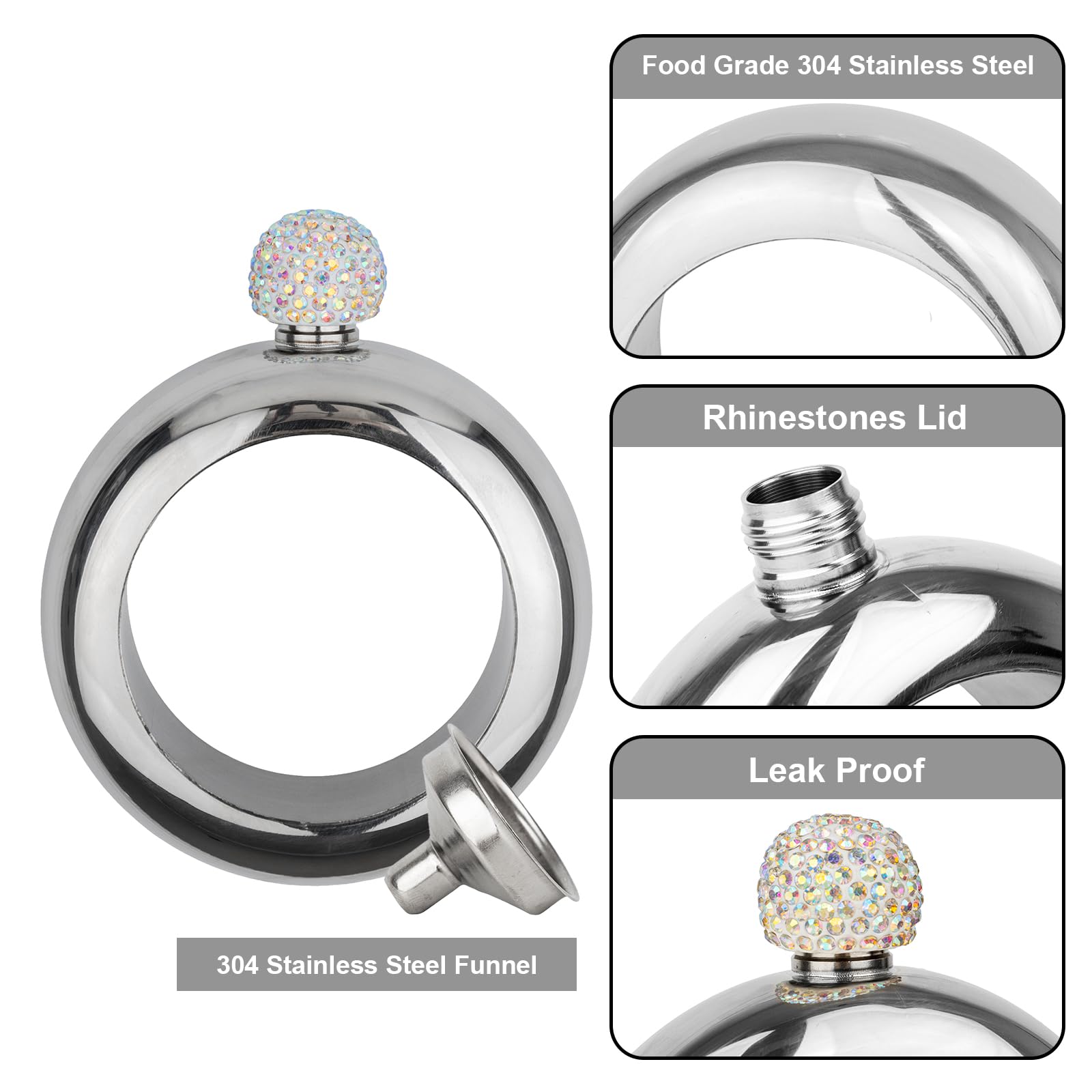 TOPTIE Fiaschetta da Polso da 3,5 Once, Bracciale Fiaschetta donna in Acciaio Inossidabile con Coperchio in Cristallo con Imbuto per Regalo