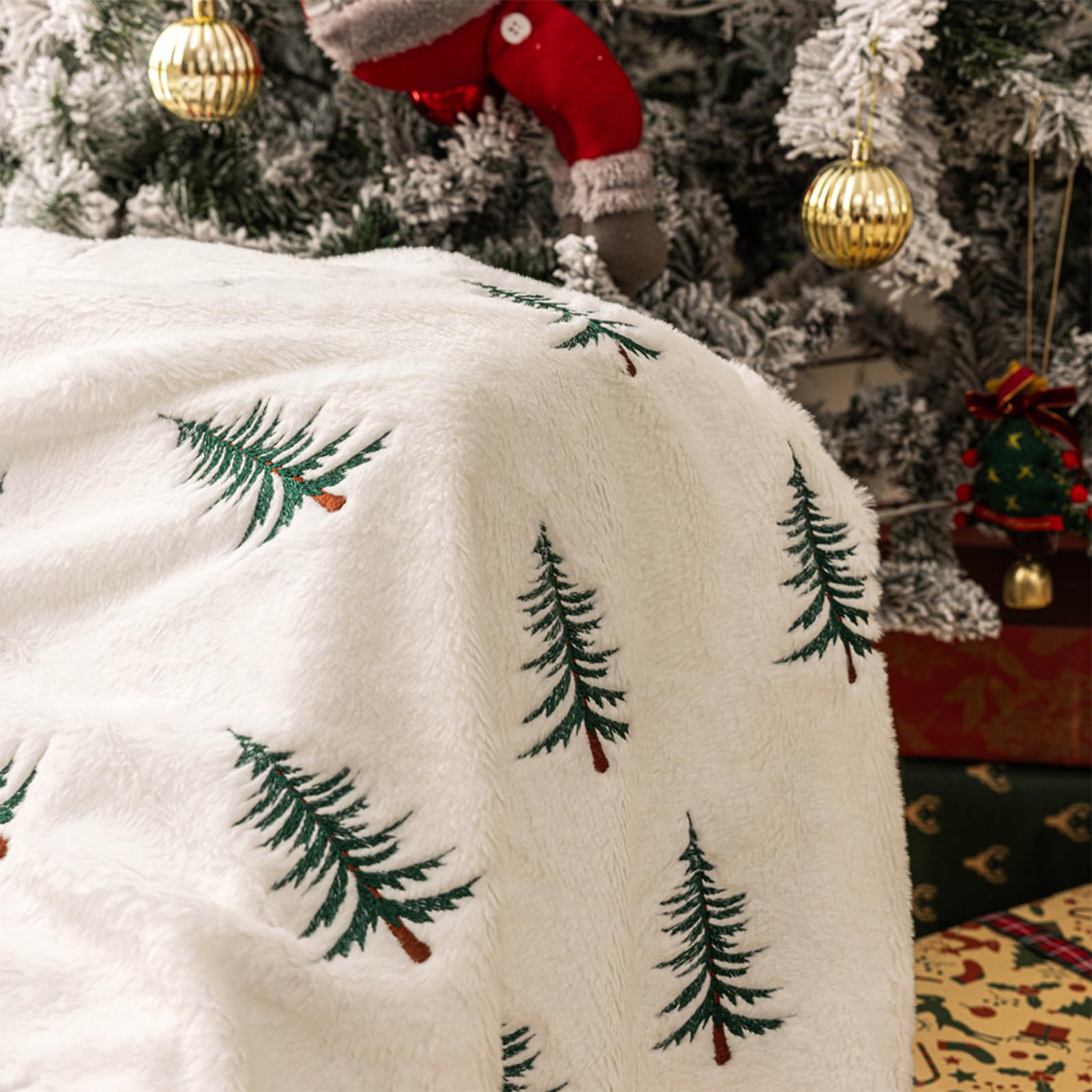 Manta navideña bordada con patrón de pino para decoración de sofá, cama, manta de felpa de felpa de Navidad