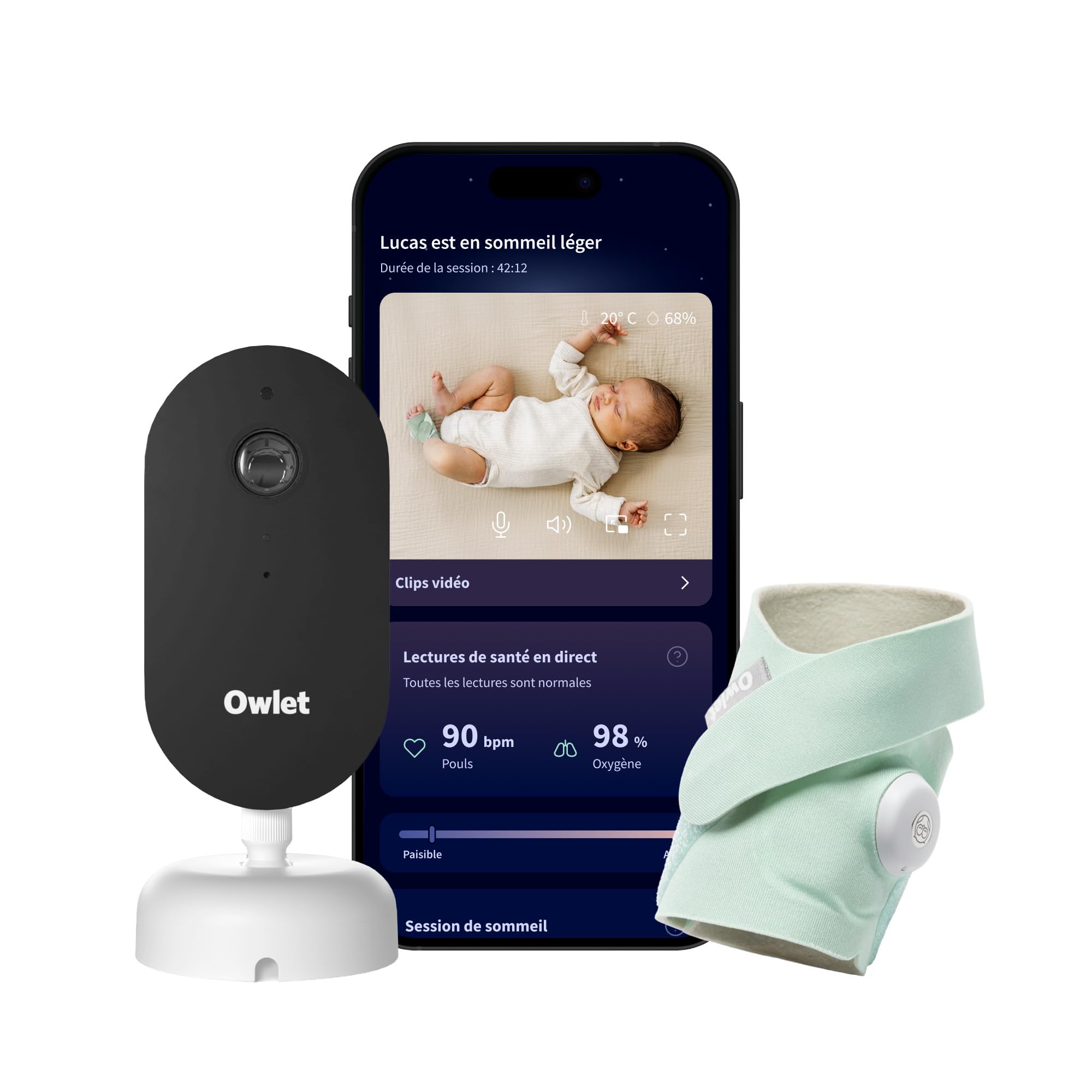 Owlet Dream Duo™ 3 - Dream Sock Mint + Dream Sight - Système intelligent de surveillance de la santé de bébé