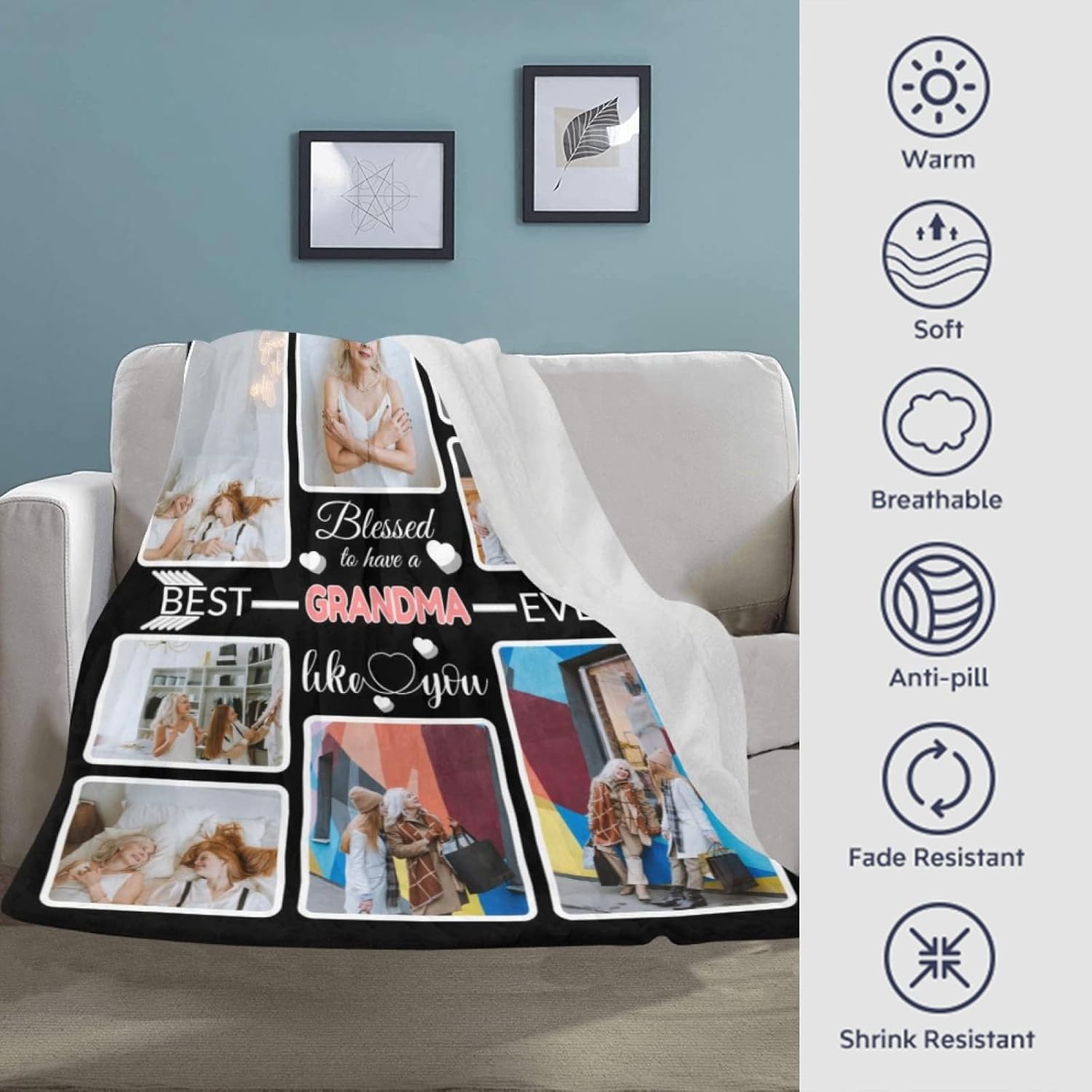 Custom Blanket Gifts for Grandma, Customized Blankets with Photos, Make a Personalized Bed Throws to My Grandma, Custom Souvenir Throw Blanket for Best Grandma Ever, 8 Collages Made in USA - Image 4