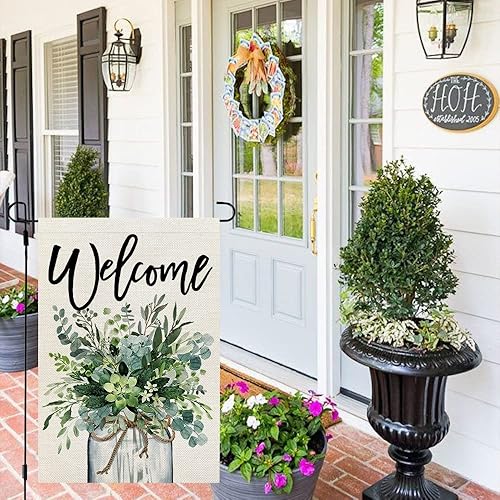 Miniatura 2 de CROWNED BEAUTY Bandera de jardín con tarro de eucalipto de primavera, 12 x 18 pulgadas, doble cara para exterior, arpillera de bienvenida pequeña,