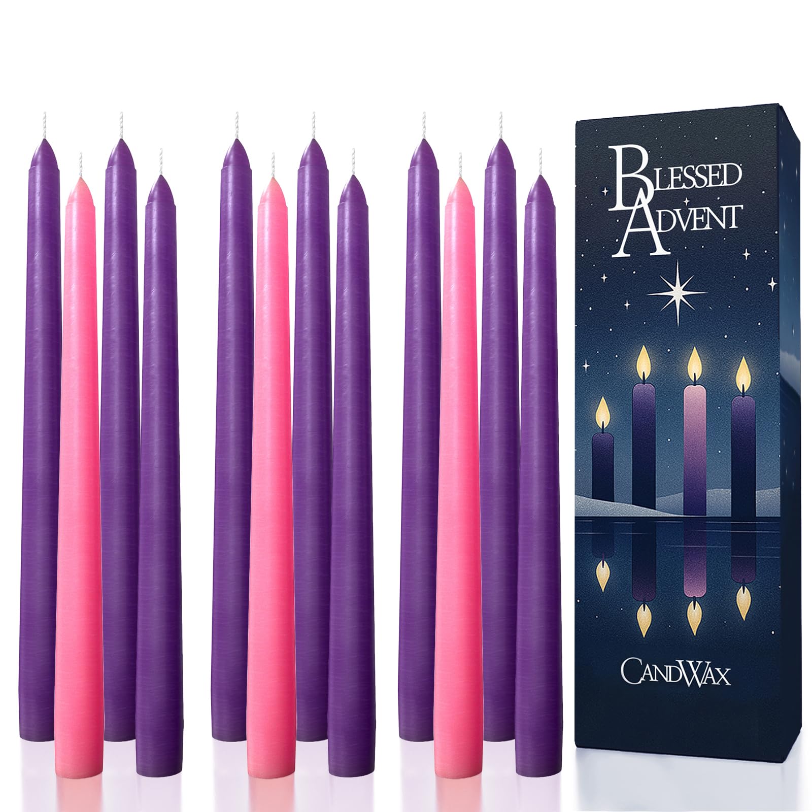 CANDWAX 12 Inch Advent Taper Candles Set of 12 - Long Burning Dripless Unscented Tapers - Perfect for Advent Wreaths, Christmas Décor - 9 Purple Tapers, 3 Pink Tapered Candles