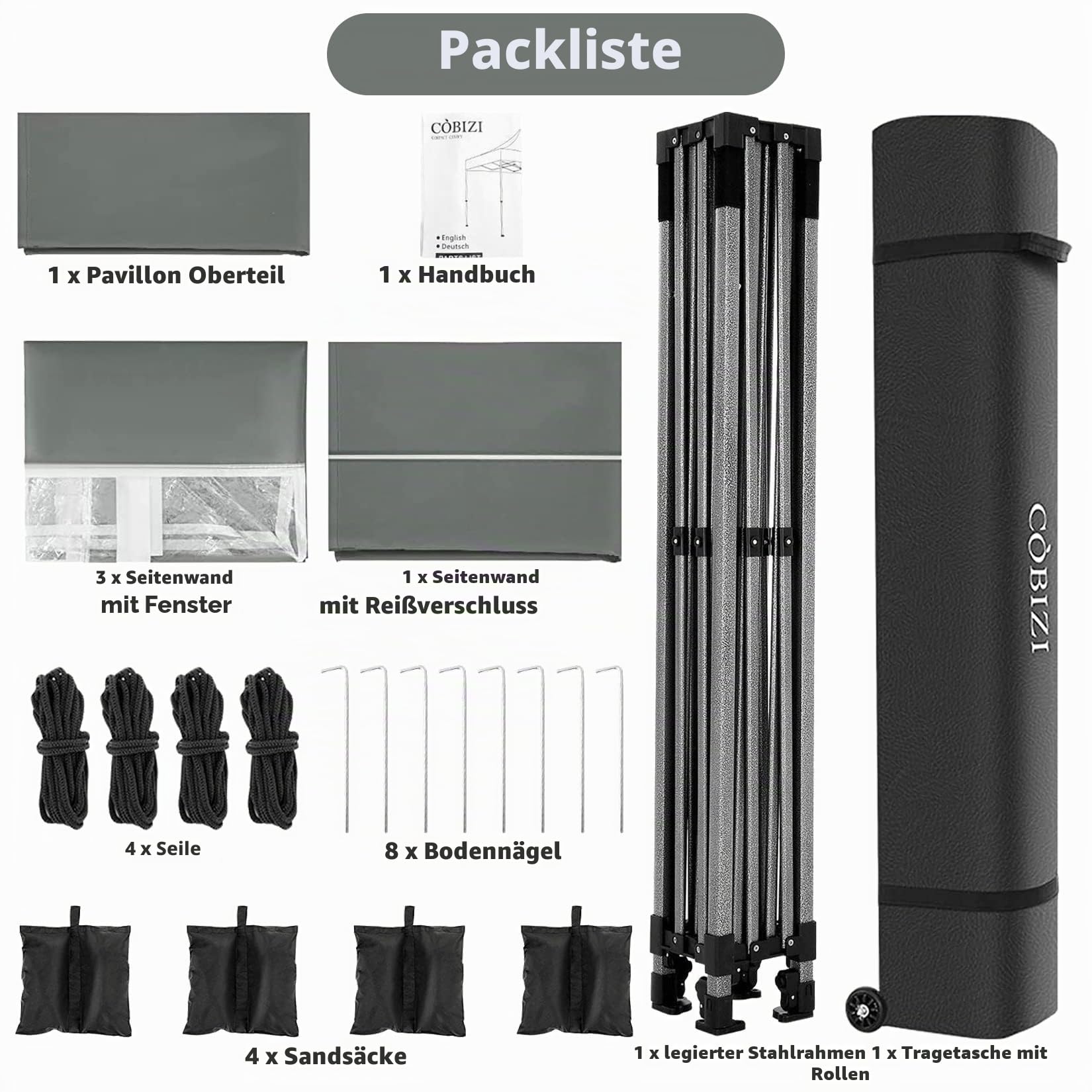 COBIZI Faltpavillon 3x3 Wasserdicht Stabil Winterfest(Grau mit Seitenwand) | Pop Up Pavillon Partyzelt,Sonnenschutz Pavillion Klappbar Zelte,Winterfest Gartenpavillon,Pavilion Faltbar mit Tasche Rollen