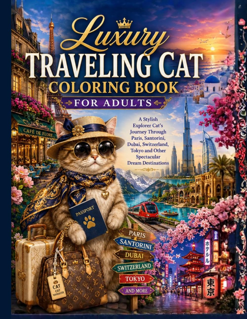 Luxury Traveling Cat Coloring Book for Adults: A Stylish Explorer Cat's Journey Through Paris, Santorini, Dubai, Switzerland, Tokyo and Other Spectacular Dream Destinations