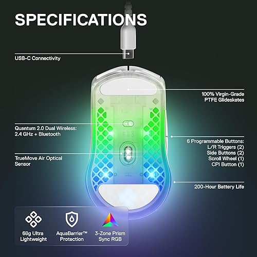 Vista 3 de SteelSeries Aerox 3 Wireless - Mouse para juegos súper ligero - Sensor óptico de aire TrueMove de 18.000 CPI - Diseño ultra ligero resistente al