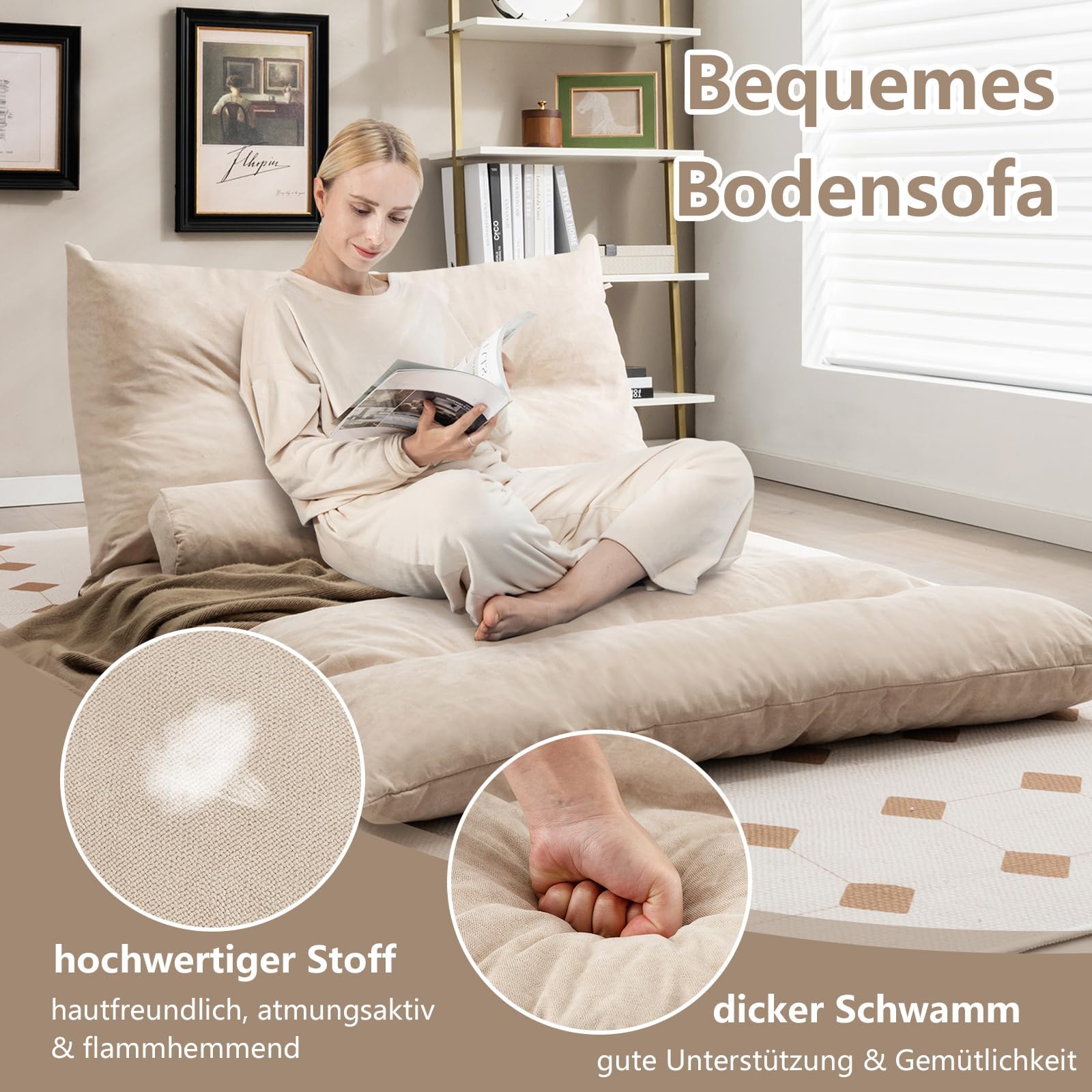 RELAX4LIFE Bodensofa Klappbar, Schlafsofa 3 in 1, Schlafsessel mit 42-Stufig Verstellbarer Rückenlehne, Klappsofa mit Bettfunktion, Sofabett inkl. 2 Kissen, für Wohnzimmer & Schlafzimmer (Beige)