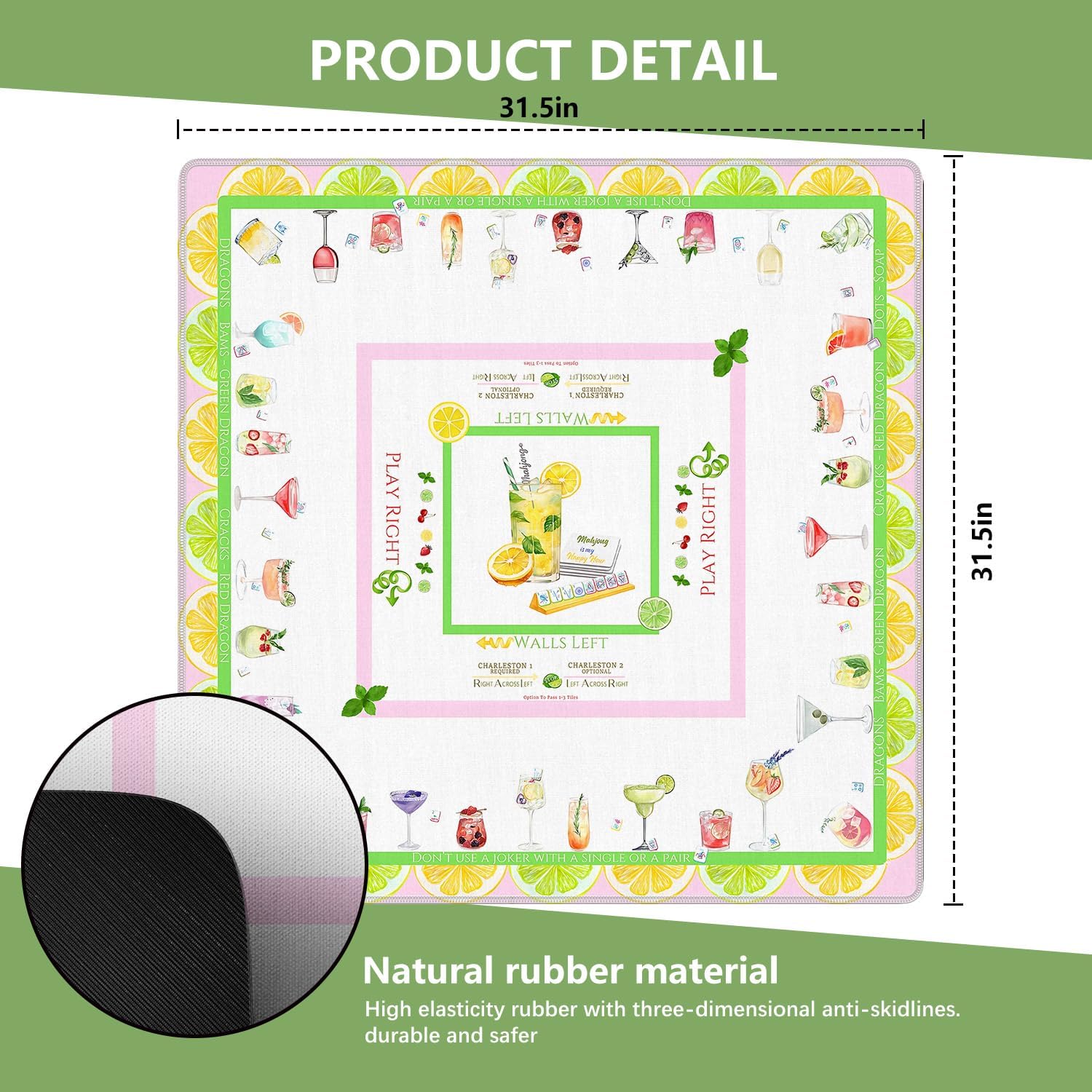 Cocktail Mahjong Mat 31.5 x 31.5 in, Funny Lemon Martini Mojito Anti Slip and Noise Reduction Game Table Cover for Party Bachelorette Mahjong Dominoes Card Board Tile Games