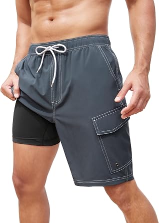 SILKWORLD Mens Swim Trunks with Compression Liner 9 in Cargo Bathing Suits