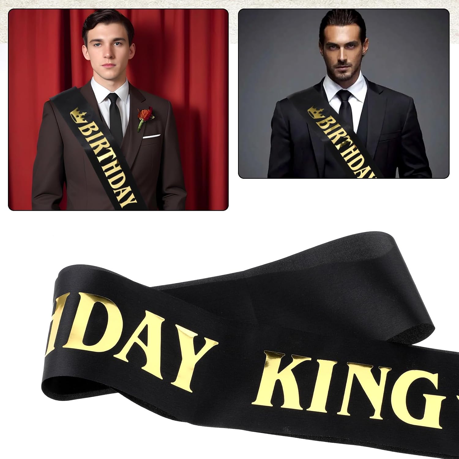 JJUNW 2 PCS Birthday King Sash for Men, Gold Foil Letter, and Black