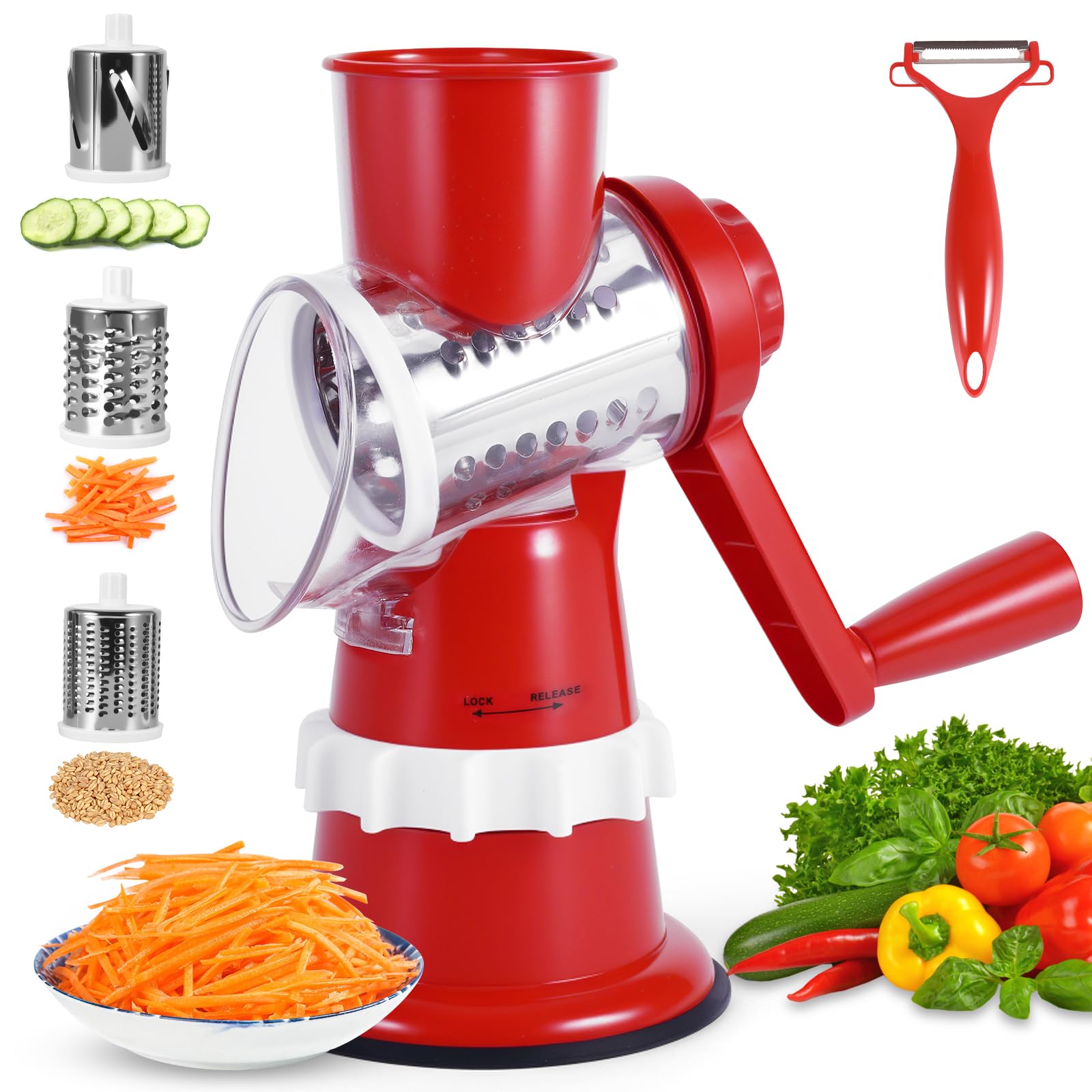 Rotating Cheese Grater, Stainless Steel Cheese Grater with 3 Slicer Heads & Planer, Easy to Use, Potato Shredder for Parmesan, Vegetables, Chocolate, Nuts, Garlic, Ginger