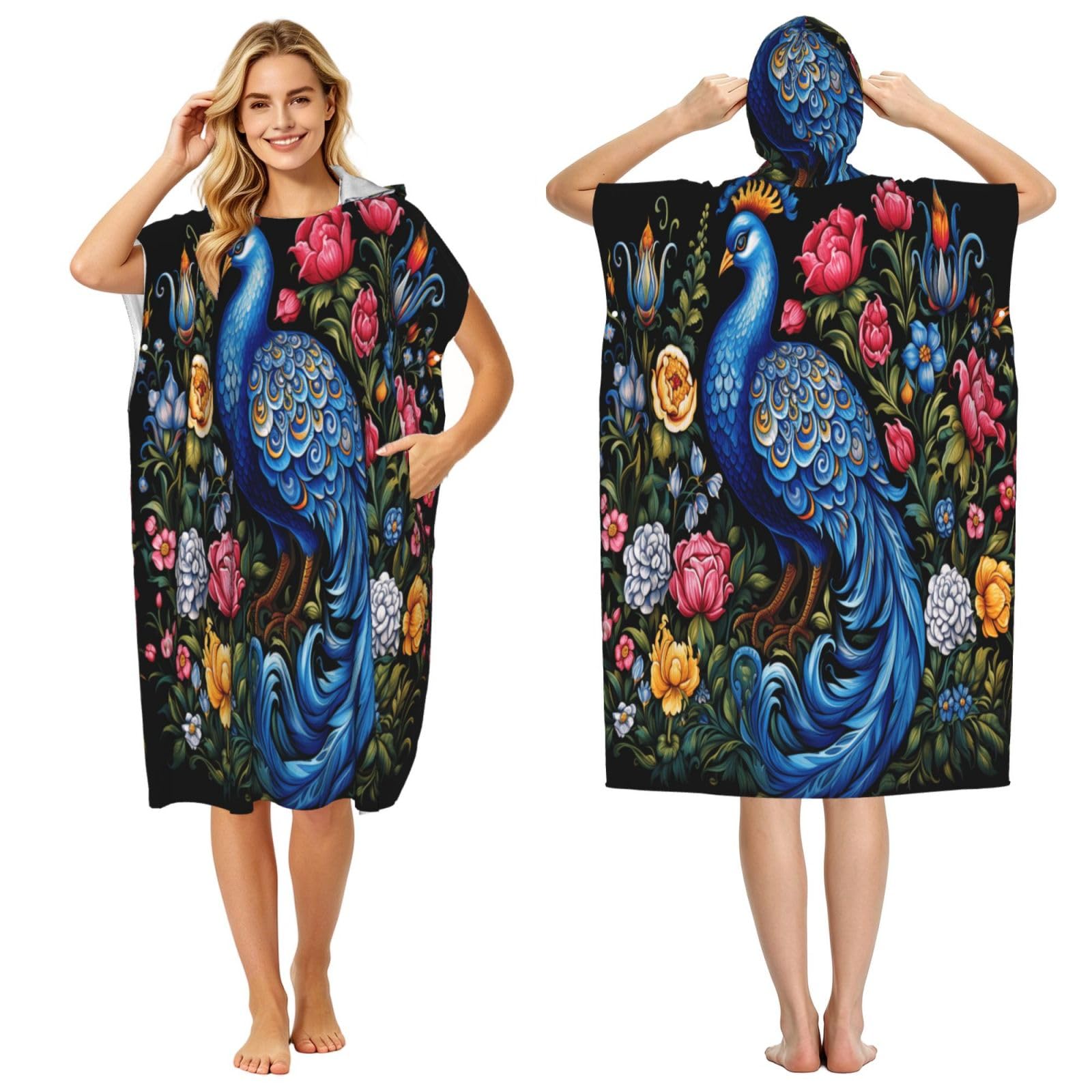 DTHKJNLSF Beautiful Peacock In The Flowers Adult Hooded Beach Poncho Towel