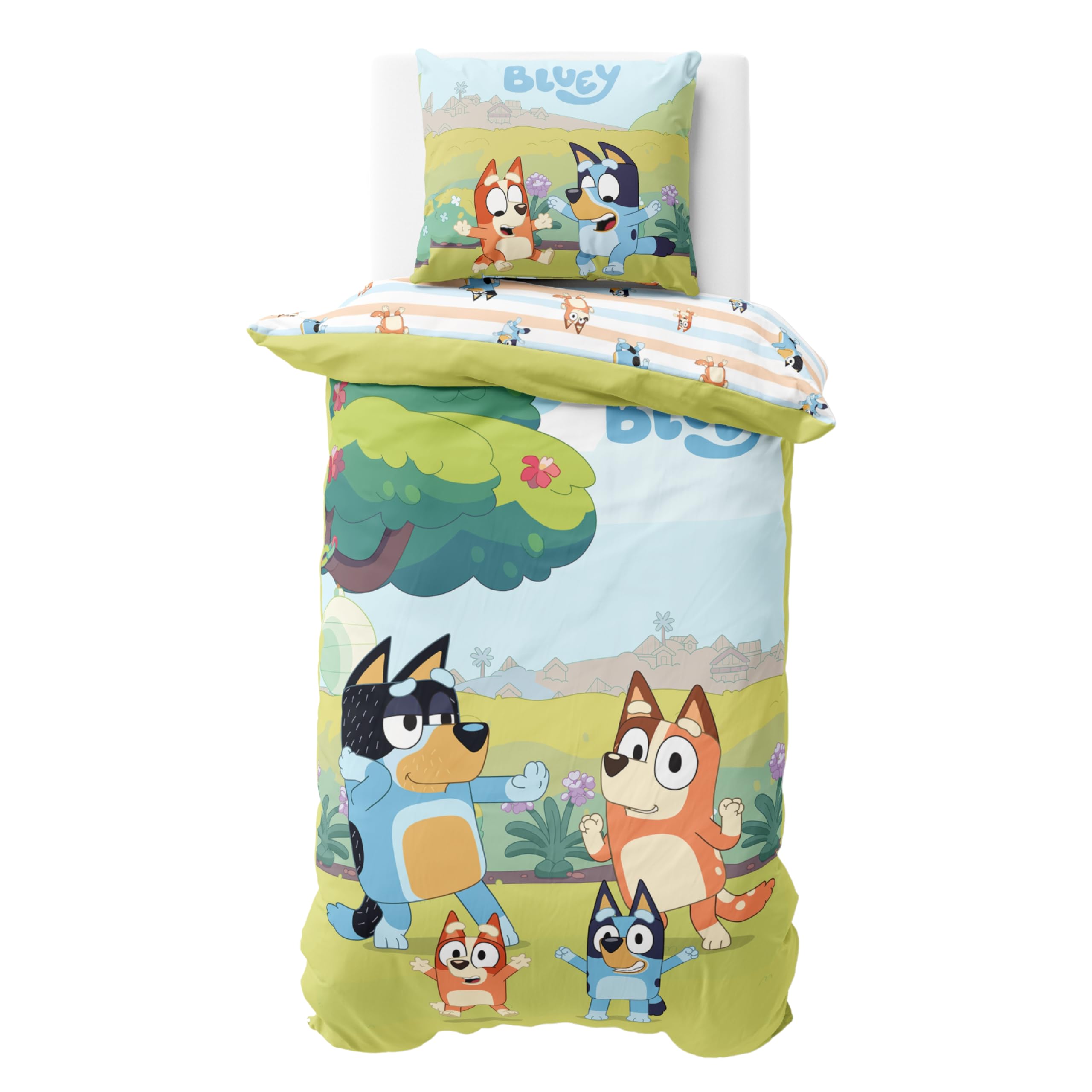 MTOnlinehandel Bluey Bettwäsche 135x200 Baumwolle für Mädchen und Jungen, Kinderbettwäsche, 1x Kissenbezug 80x80 + Bettbezug 135x200, Bingo & Bluey Geschenk
