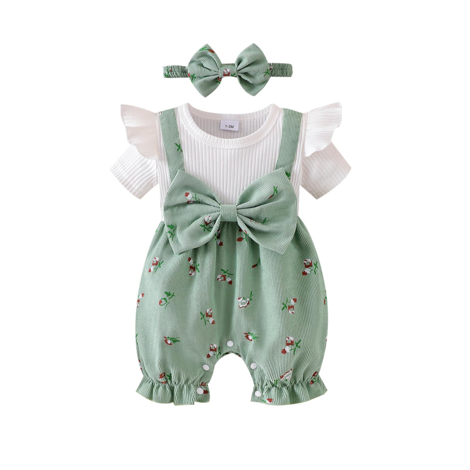 Rtnnsbbfcm Newborn Baby Girl Summer Clothes Strawberry Stripe Floral Onesie Romper Short Jumpsuit and Headband Infant Outfits