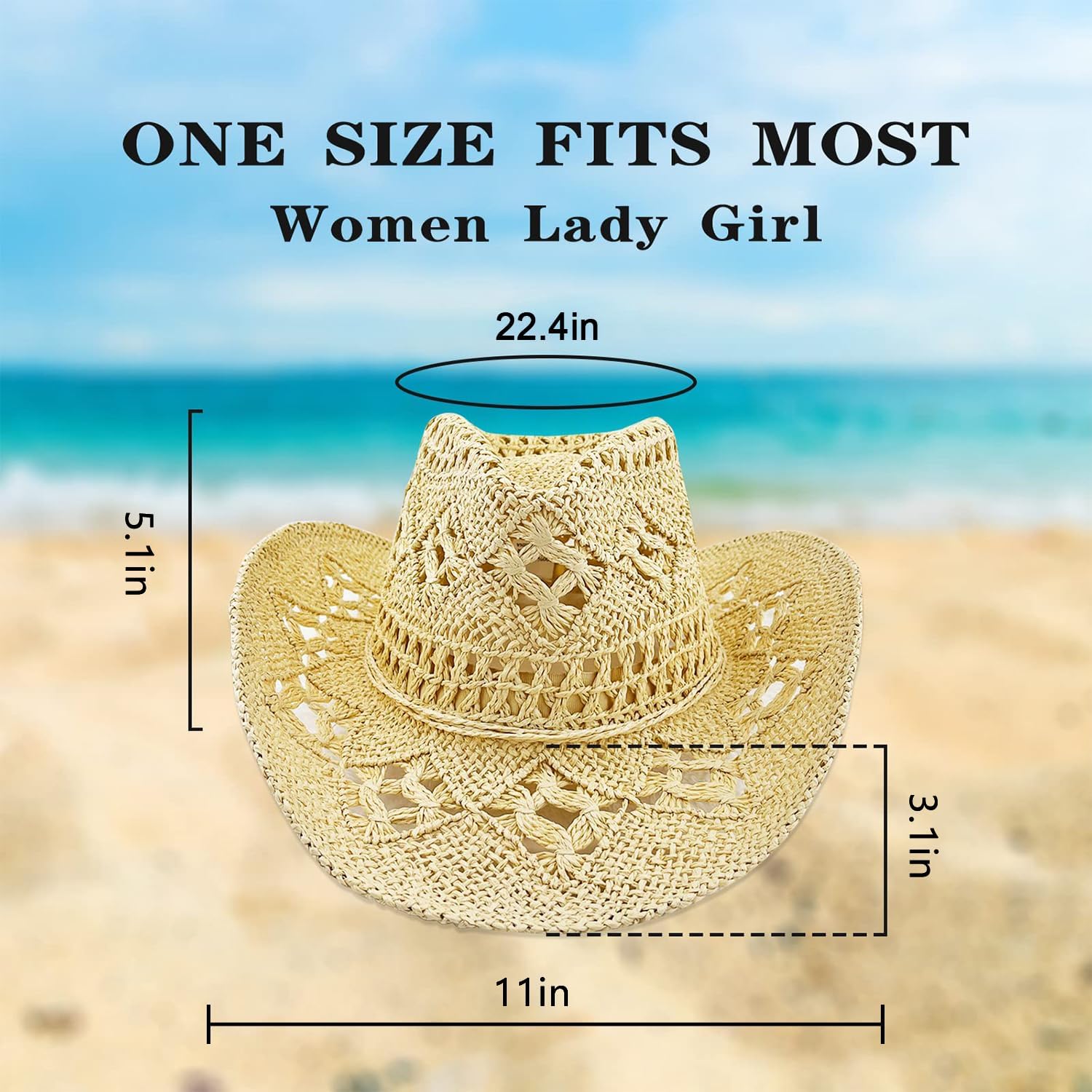 Women Straw Cowboy Hats, Sparkly Western Cowgirl Hat for Holiday, Foldable Vacation Beach Sun Hat with Wide Brim for Summer - Image 2