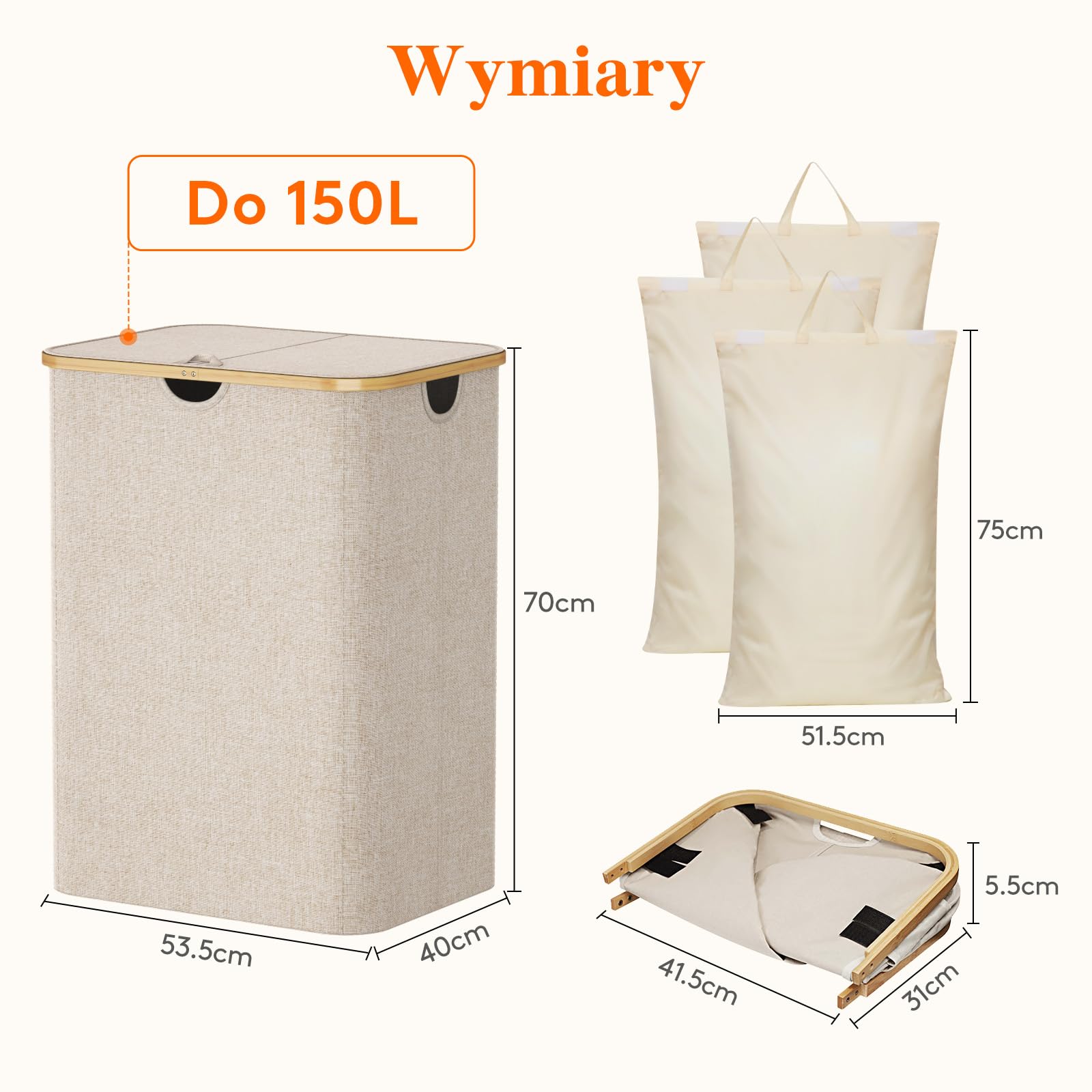 Lifewit 150L Kosz na pranie z pokrywką, Zbieracz prania 3 przegródki, Duży pojemnik na pranie, Sortownik prania, Beczka na pranie, Sortowanie prania, Pojemnik na pranie, Kosze na pranie do pralni