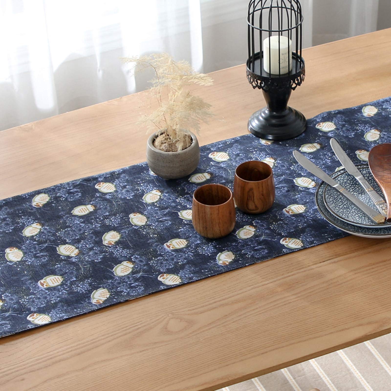 Eleganter Tischläufer Modern, Baumwolle Tischläufer Abwaschbar Wohnzimmer Tischläufer Weihnachten Vintage Blumen Eulen Marineblau 33x200CM