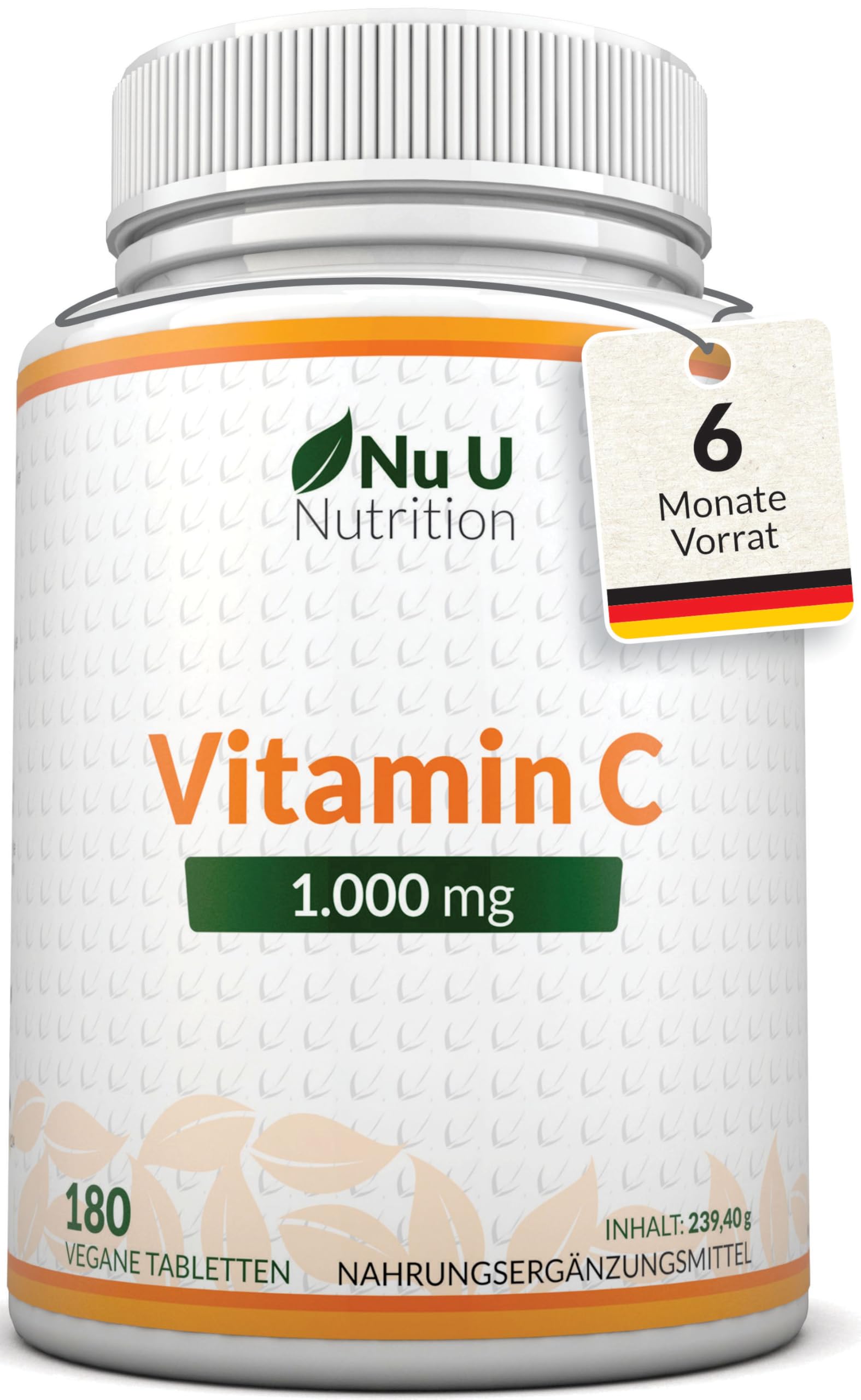 Nu U Nutrition - Vitamin C 1000mg Hochdosiert - 180 Vegane Tabletten für 6 Monate - Vit C als L-Ascorbinsäure - 1 Tablette täglich