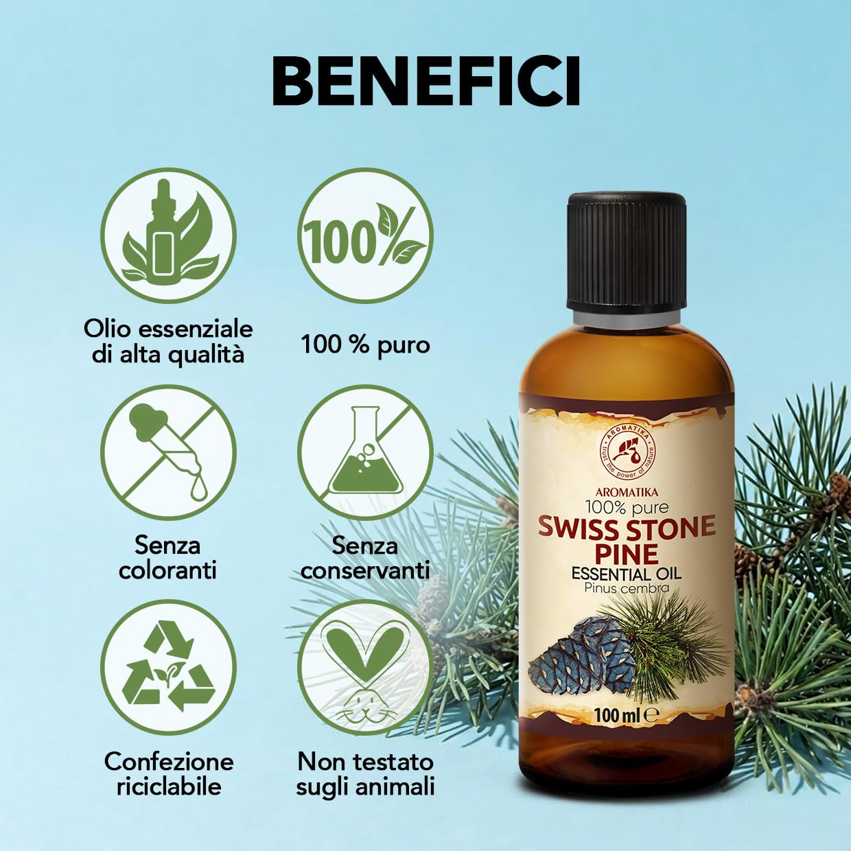 Olio Essenziale di Pino Svizzero 100 ml - Pinus Cembra - Svizzera - 100% Puro & Naturale - Aroma di Conifere - Olio Essenziale di Pino Cembro per Diffusori - Aromaterapia