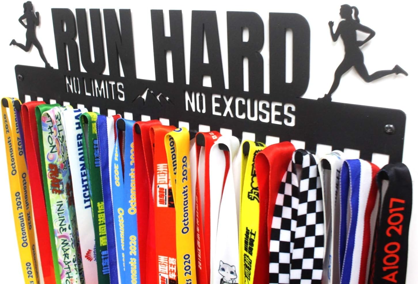 Metal Wall Mount 'Run Hard' Motivational Kids & Adults Running Sports Medal Hanger and Lanyard Ribbon Display Holder Rack with 20 Hanging Hooks, Great Gift for Runners - Black