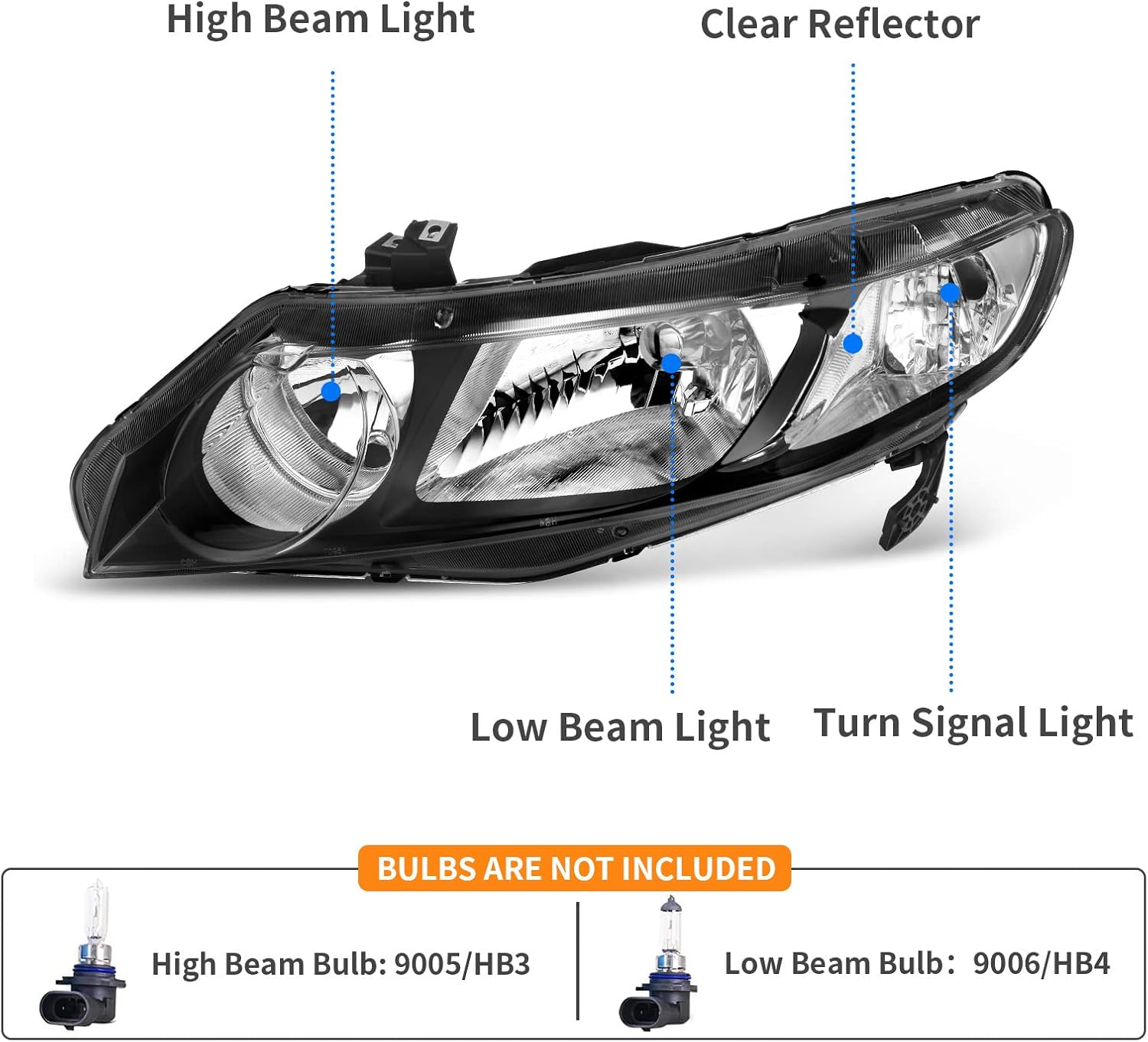 DWVO Compatible with 2006 2007 2008 2009 2010 2011 Civic 4-Door Sedan Headlight Assembly Headlamp Replacement Black Housing Amber Reflector (Only Compatible with 4-Door)