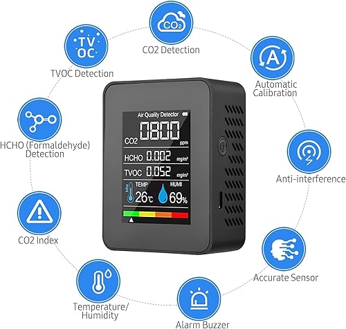 Miniatura 6 de LANRU Monitor portátil de calidad del aire Detector de CO2 para interiores, 5 en 1, formaldehído HCHO TVOC, probador LCD de temperatura y humedad,