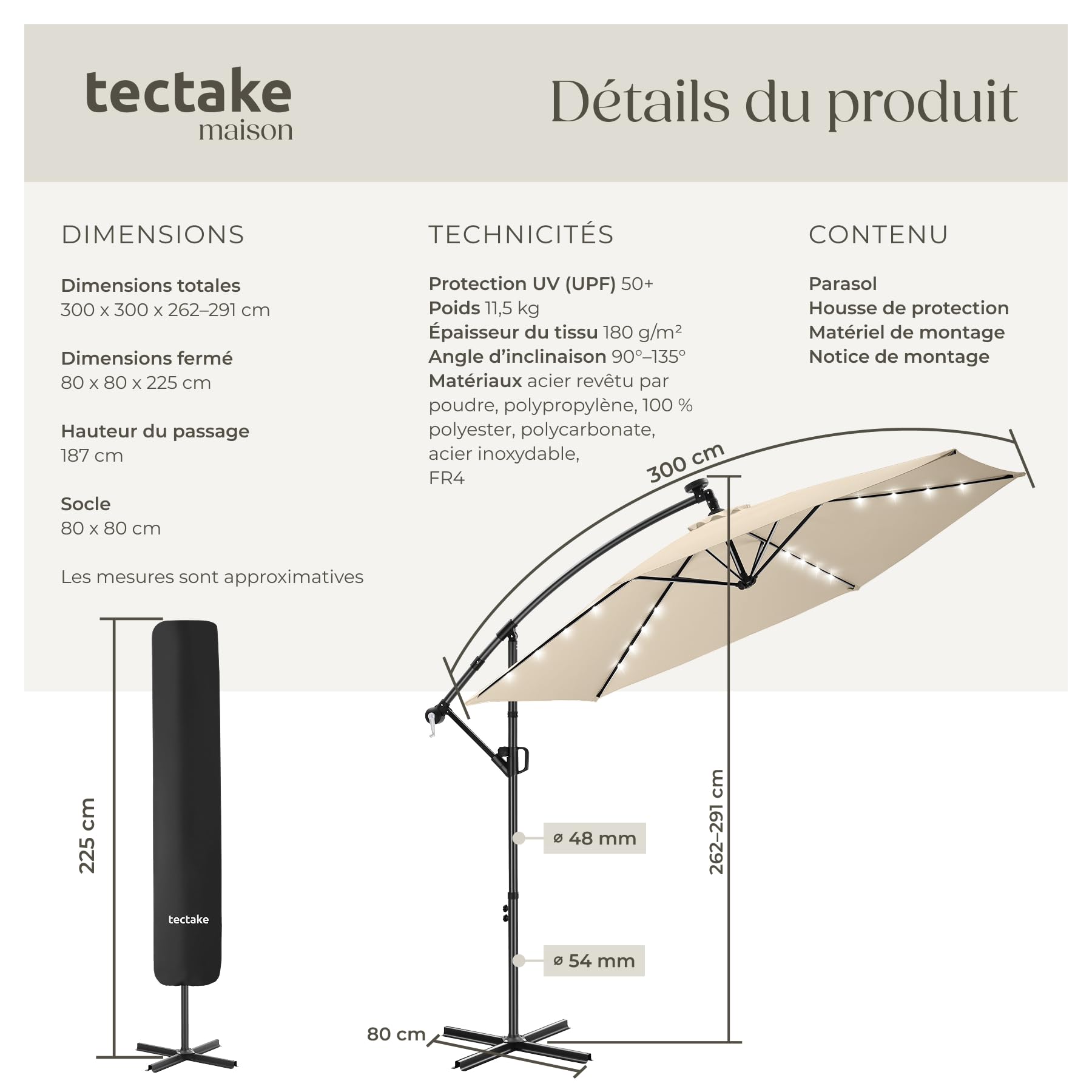 tectake® Parasol déporté, 3 x 3 m avec Eclairage LED, Pivotant à 360°, Inclinable de 90° à 135°, UV 50+, Panneau solaire, Parasol de jardin exterieur, Terrasse, Balcon, Divers Coloris
