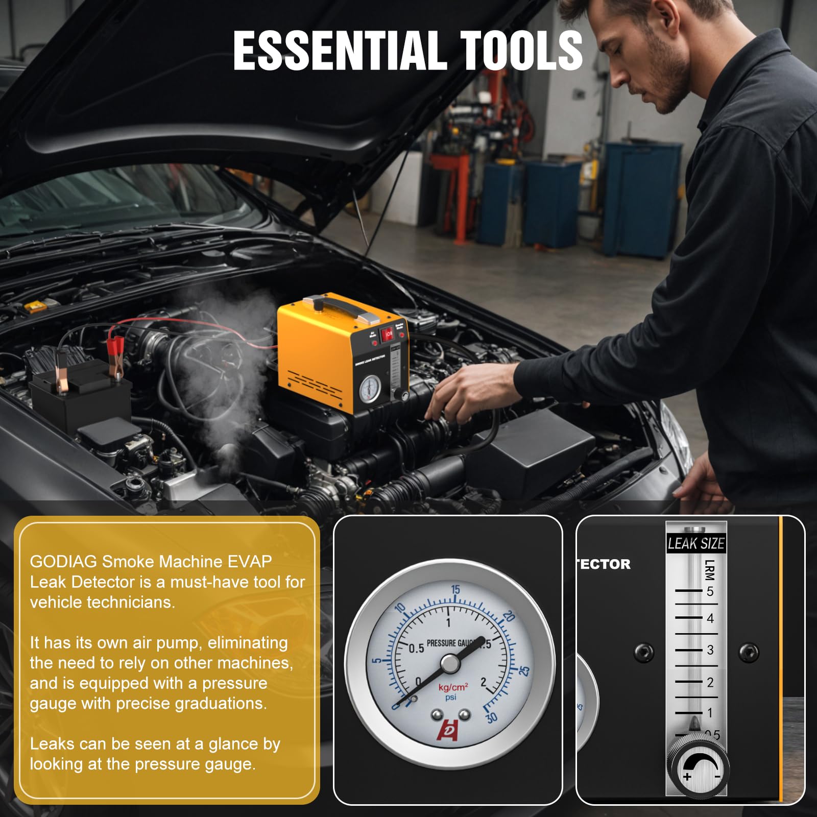 GODIAG SLD103 KFZ-Rauchprüfgerät mit Manometer & Durchflussmesser Gelb | 12V SLD103 Rauchprüfgerät mit Durchflussmesser: Findet präzise & sicher Vakuum- & EVAP-Lecks an Auto & Motorrad.