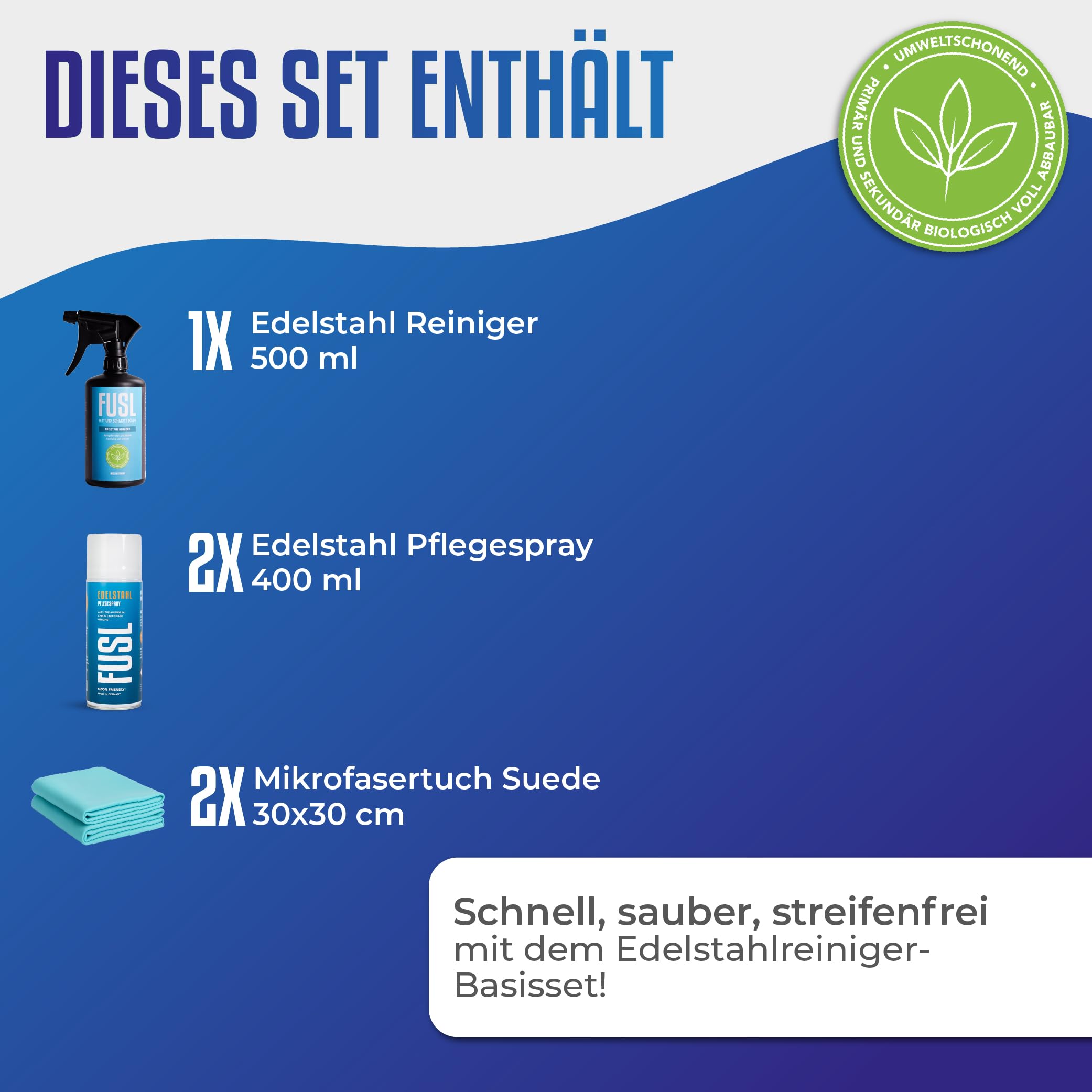 Edelstahlreiniger Set Pflege x2 + Reinigung + Reinigungstuch | Effektiv gegen Fett & Schmutz | Streifenfreier Glanz | Für Edelstahl, Aluminium, Chrom in Haushalt, Küche, Handwerk & Gastro