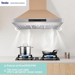 Vesta Brussels 800CFM 36'' Gold Stainless Steel Wall Mounted Range Hood With 6 Speeds Touch/Gesture Control, 6'' Round Vent, Baffle Filters, LED Lights, and Chimney Suitable For 9ft Ceiling