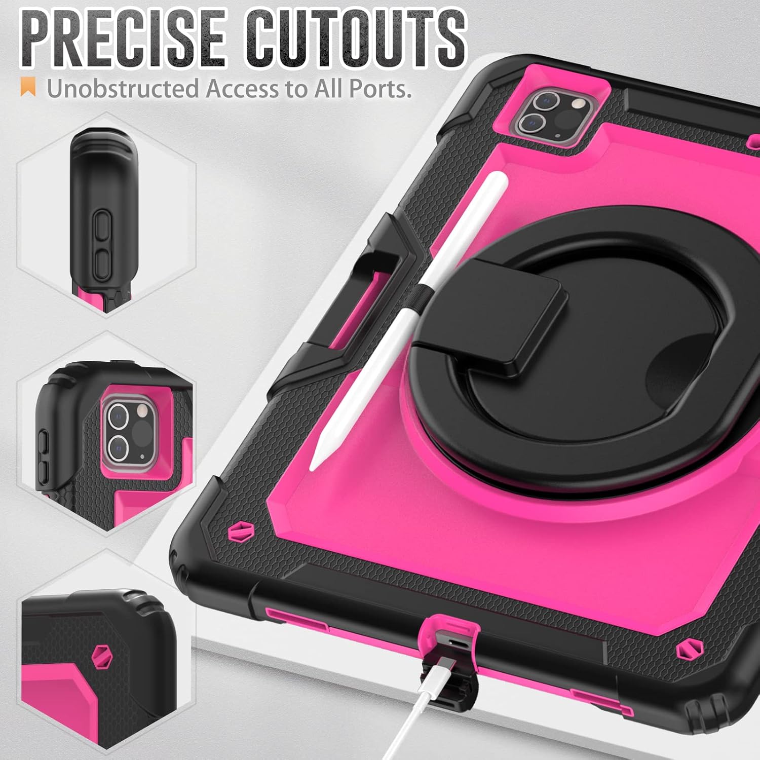 Case for iPad Pro 12.9-Inch 6th/5th/4th Generation 2022/2021/2020 with Pencil Holder, [3-Layer] Heavy Duty Protective Case with 360° Rotating 180° Folding Handle Kickstand,Rosered+Black