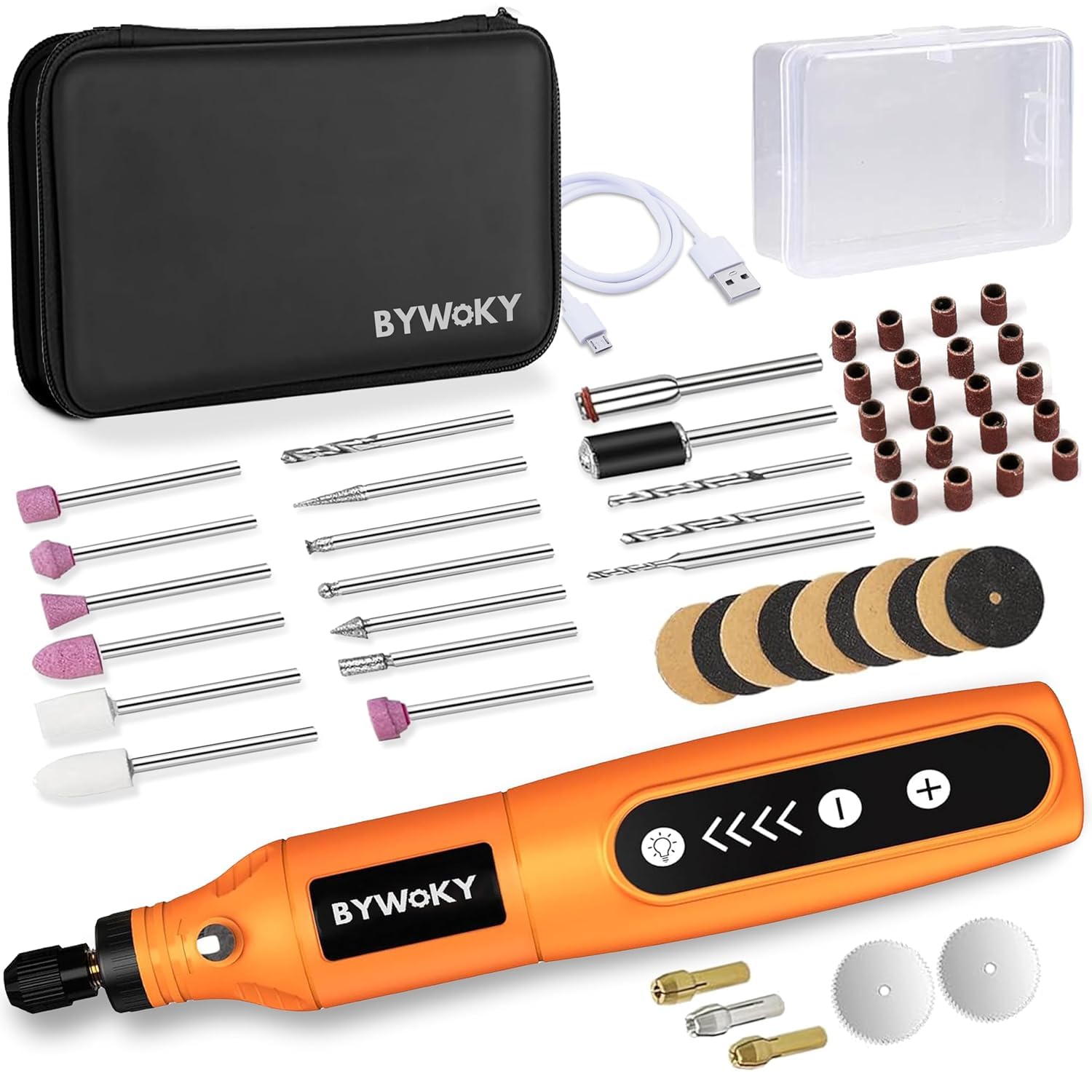 BYWOKY 55pcs Mini Drill Machine with 5 Speeds - 2000 MAh Battery, Front LED Lights, Full Kit for Home Use, Drilling, Carving, Engraving, Sanding & Polishing (Orange)-image-9