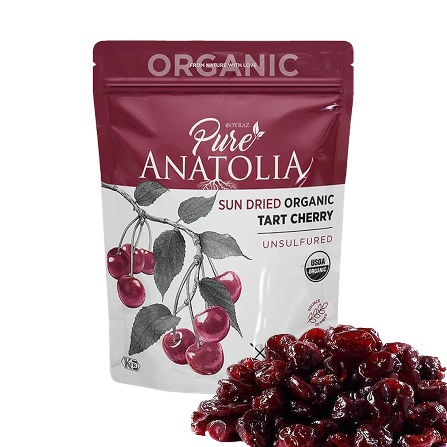 Pure Anatolia Organic Dried Tart Cherries Unsweetened - Dried Tart Cherry No Sugar Added - Organic Sour Cherries for Baking & Snacking, Vegan, Non-GMO - 5 oz Resealable Bag, 6 Pack