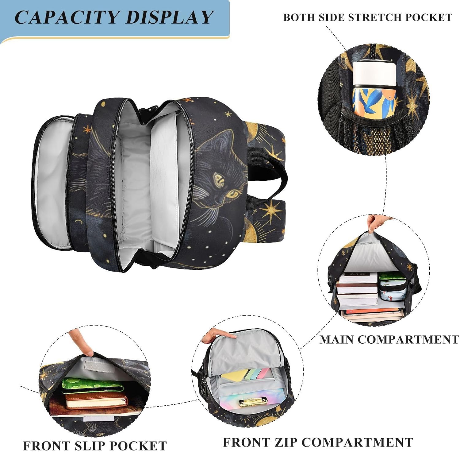 Moon Star Black Cat Travel Laptop Backpack, 17 inch Large Laptops Backpack Business Computer Bag Casual Daypack for Women Men